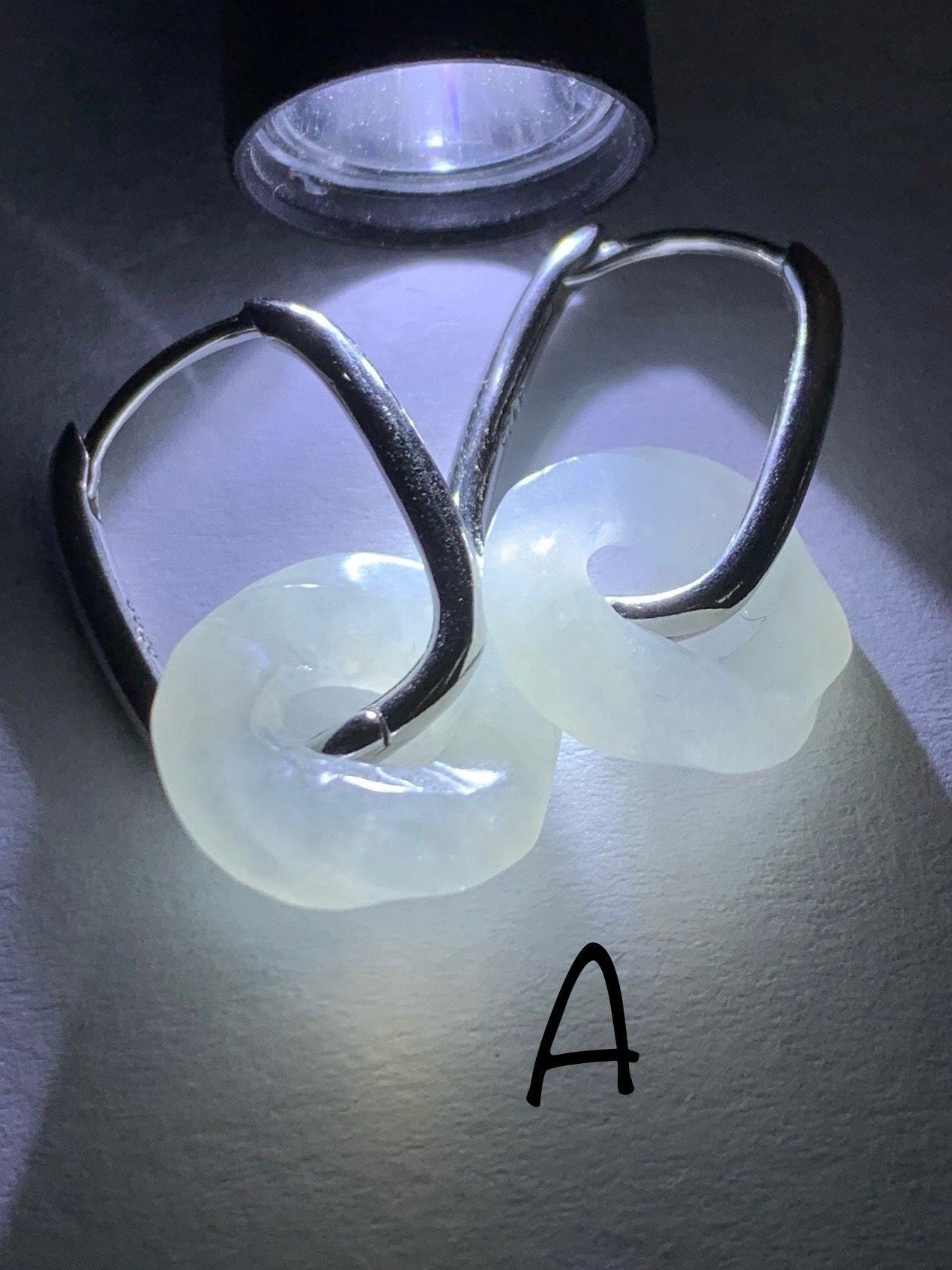 Natural Burmese Icy Translucent Jadeite Carved Ping An Kou Donut Dangle Huggie Hoop Earrings S925 Sterling Silver 天然缅甸翡翠麻花平安扣银耳包
