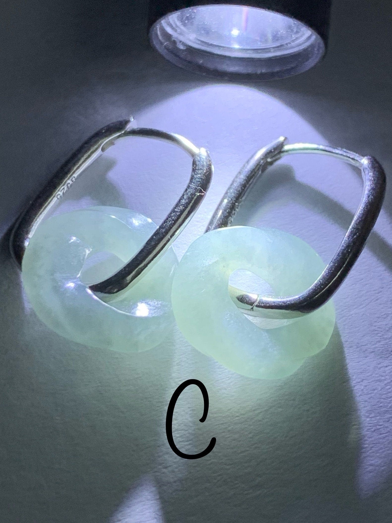 Natural Burmese Icy Translucent Jadeite Carved Ping An Kou Donut Dangle Huggie Hoop Earrings S925 Sterling Silver 天然缅甸翡翠麻花平安扣银耳包