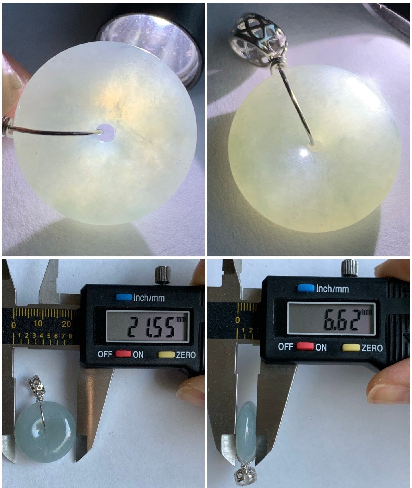 Natural Burmese Icy Translucent Gelatinous Light Blue Wuji Jadeite Ping An Kou Donut Pendant Sterling Silver 天然缅甸冰胶淡蓝乌鸡翡翠平安扣吊坠 B