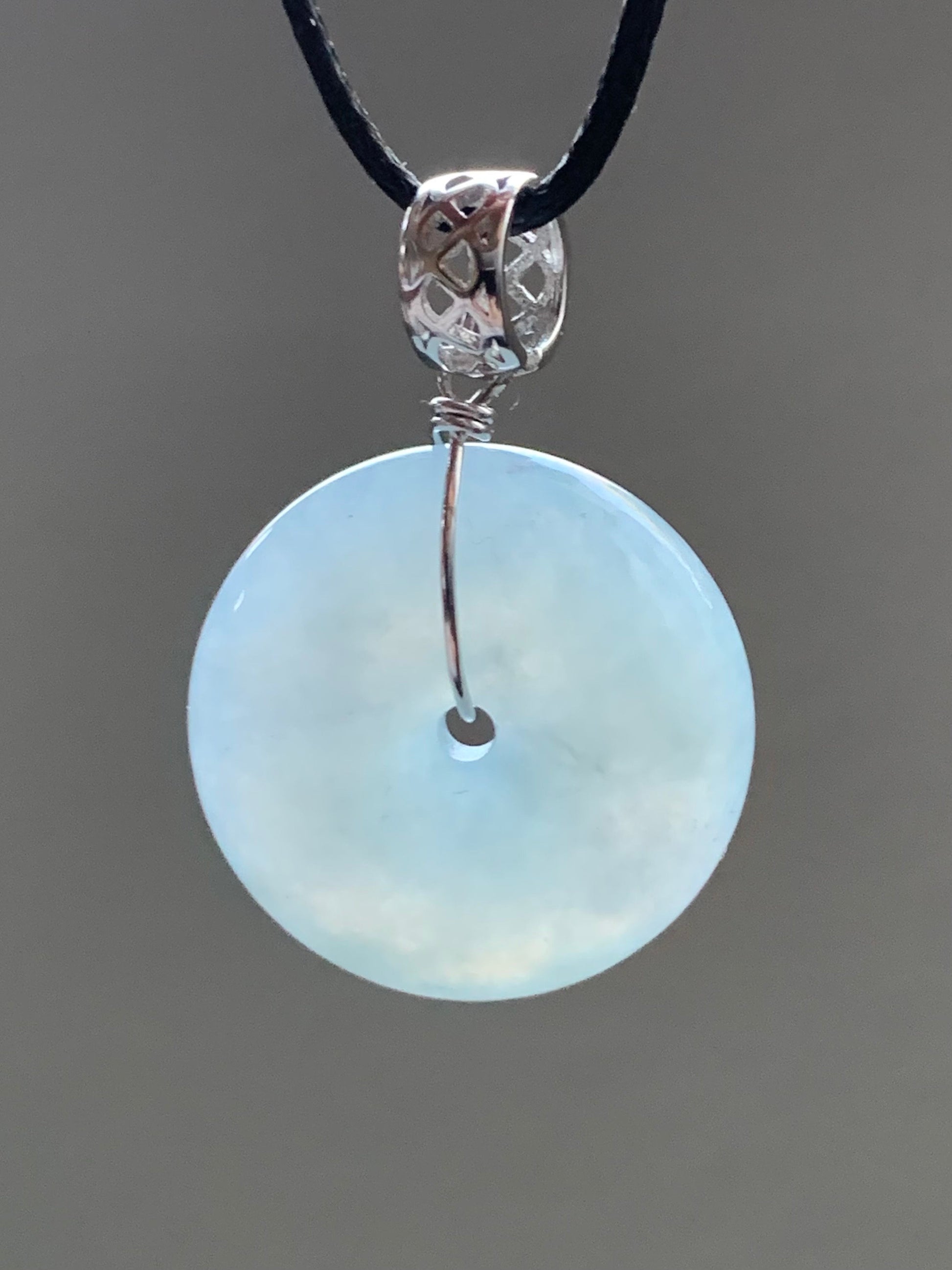 Natural Burmese Icy Translucent Gelatinous Light Blue Wuji Jadeite Ping An Kou Donut Pendant Sterling Silver 天然缅甸冰胶淡蓝乌鸡翡翠平安扣吊坠 B