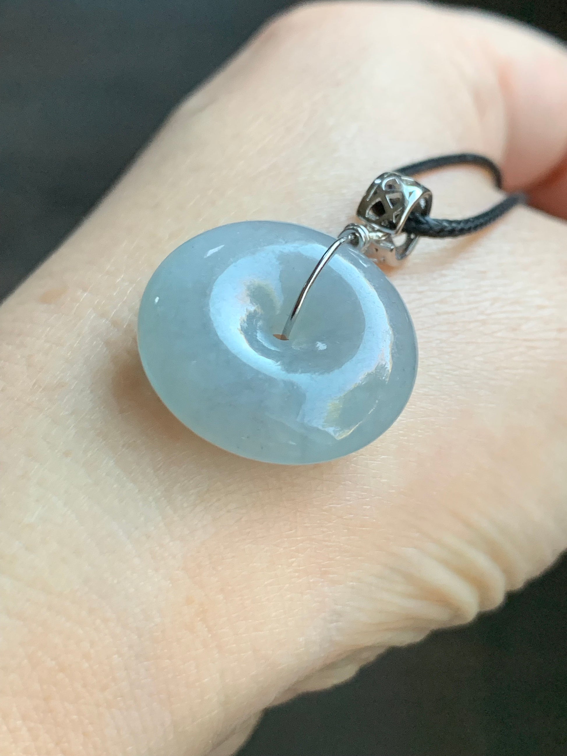 Natural Burmese Icy Translucent Gelatinous Light Blue Wuji Jadeite Ping An Kou Donut Pendant Sterling Silver 天然缅甸冰胶淡蓝乌鸡翡翠平安扣吊坠 B