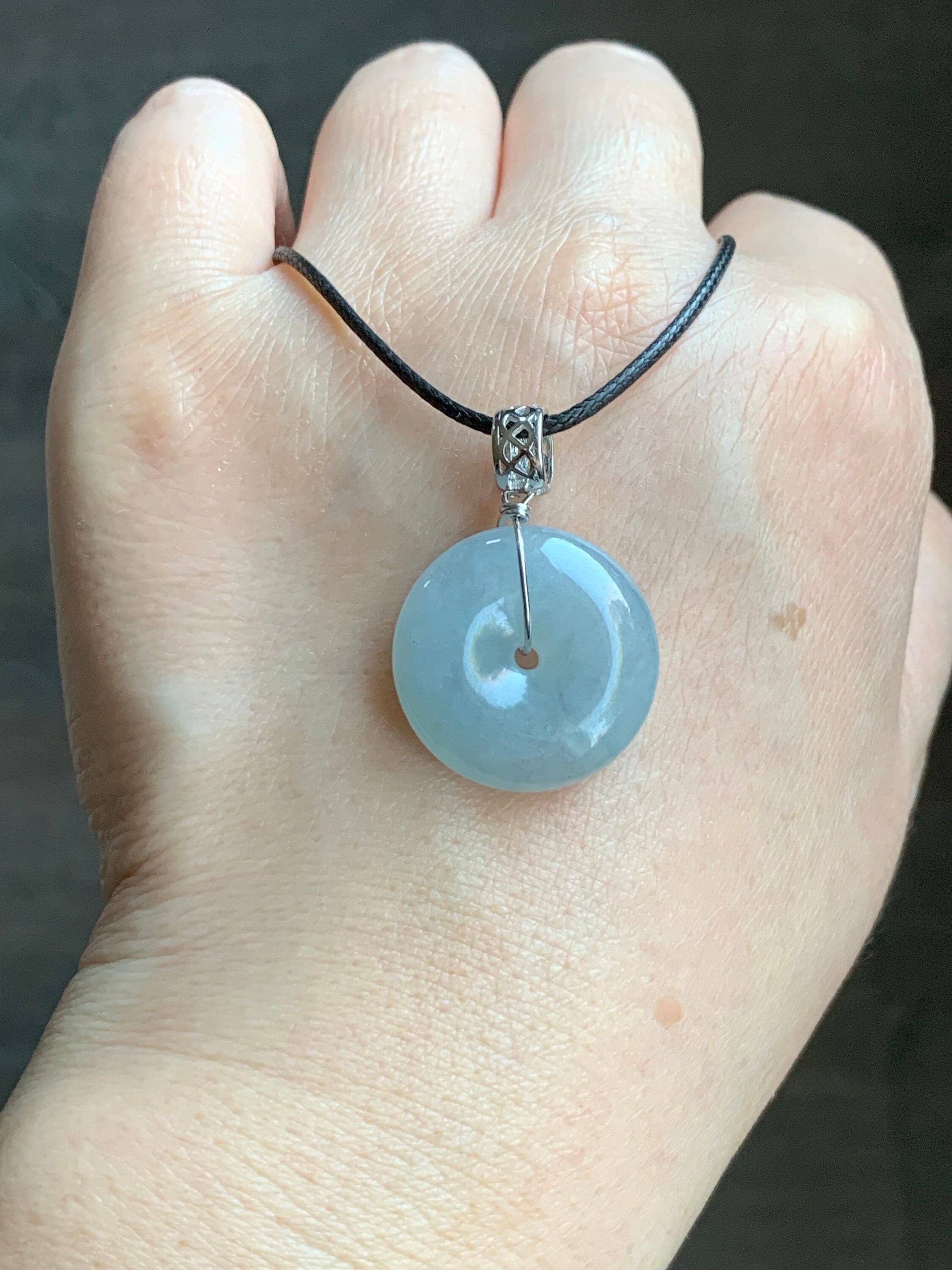 Natural Burmese Icy Translucent Gelatinous Light Blue Wuji Jadeite Ping An Kou Donut Pendant Sterling Silver 天然缅甸冰胶淡蓝乌鸡翡翠平安扣吊坠 B