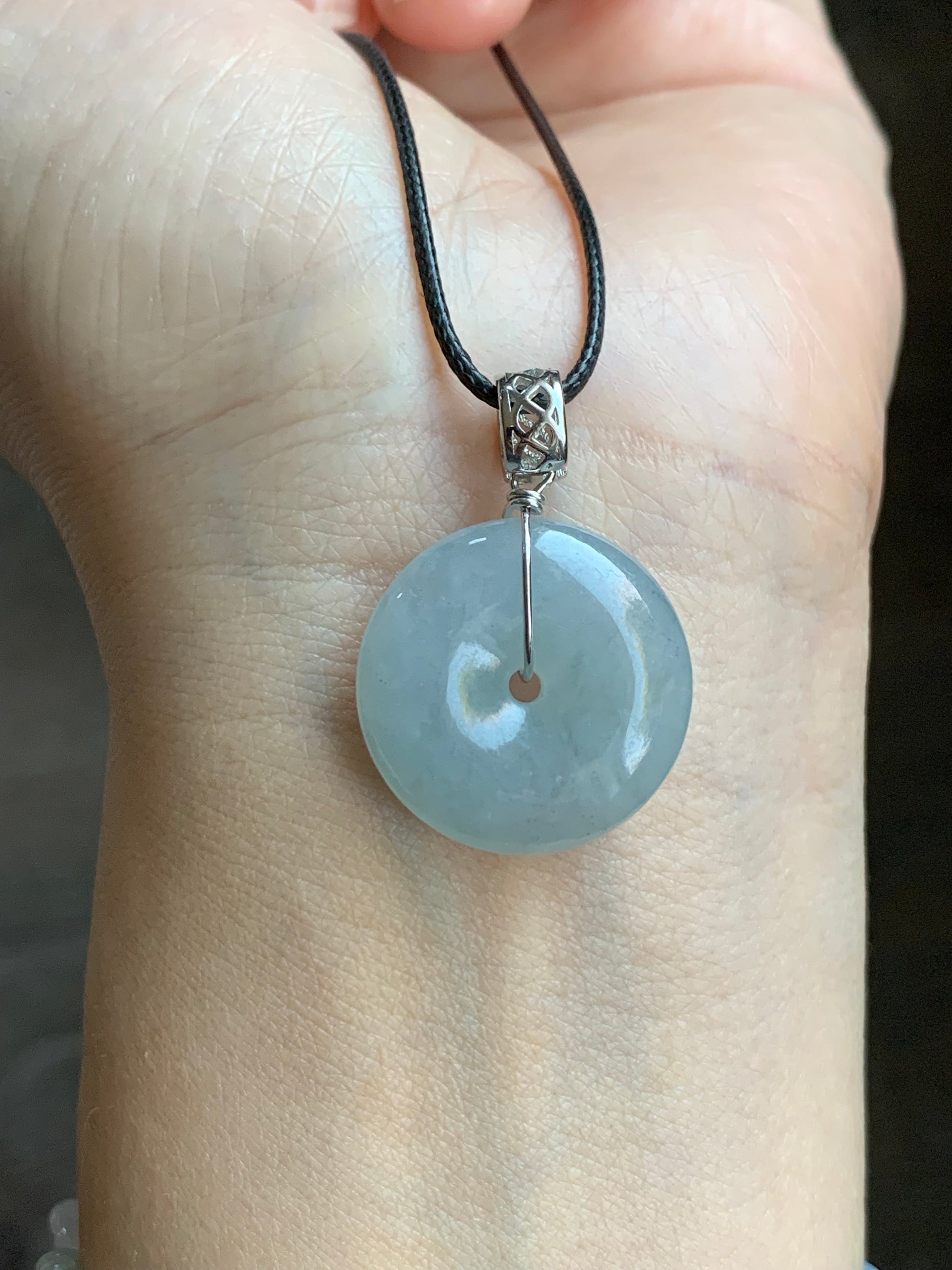 Natural Burmese Icy Translucent Gelatinous Light Blue Wuji Jadeite Ping An Kou Donut Pendant Sterling Silver 天然缅甸冰胶淡蓝乌鸡翡翠平安扣吊坠 B