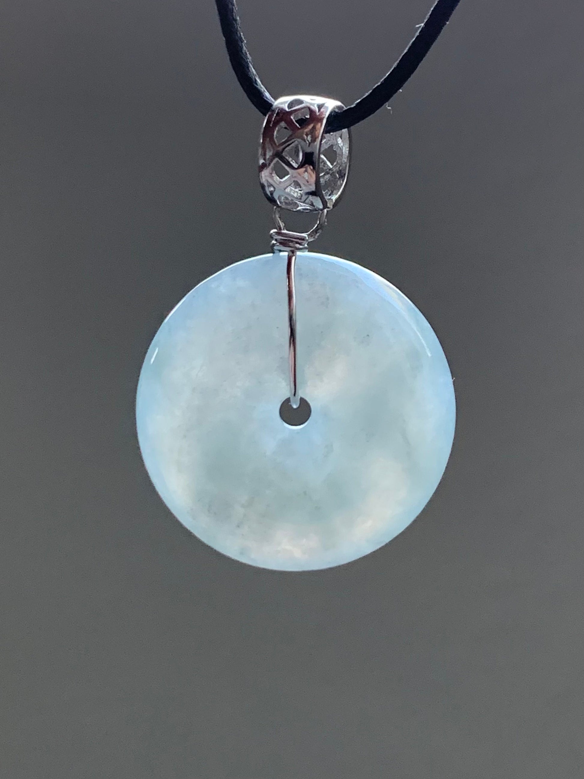 Natural Burmese Icy Translucent Gelatinous Light Blue Wuji Jadeite Ping An Kou Donut Pendant Sterling Silver 天然缅甸冰胶淡蓝乌鸡翡翠平安扣吊坠 A