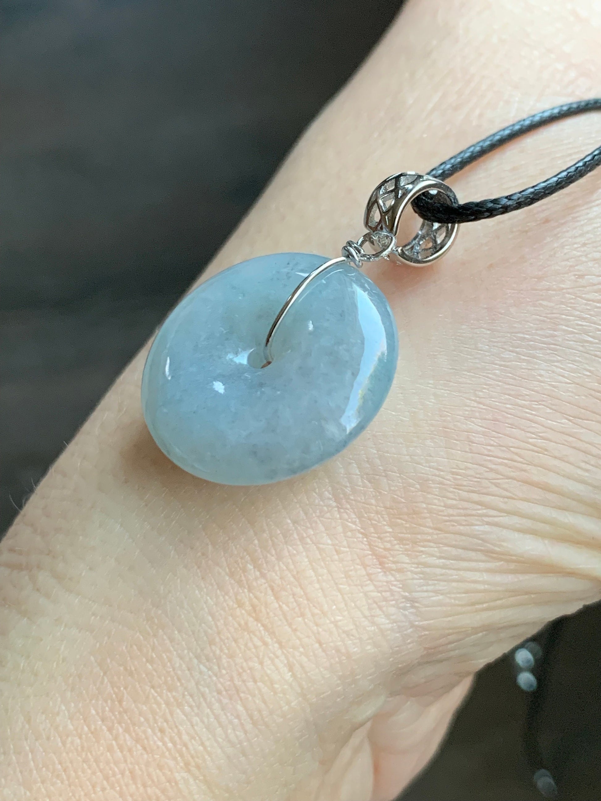 Natural Burmese Icy Translucent Gelatinous Light Blue Wuji Jadeite Ping An Kou Donut Pendant Sterling Silver 天然缅甸冰胶淡蓝乌鸡翡翠平安扣吊坠 A