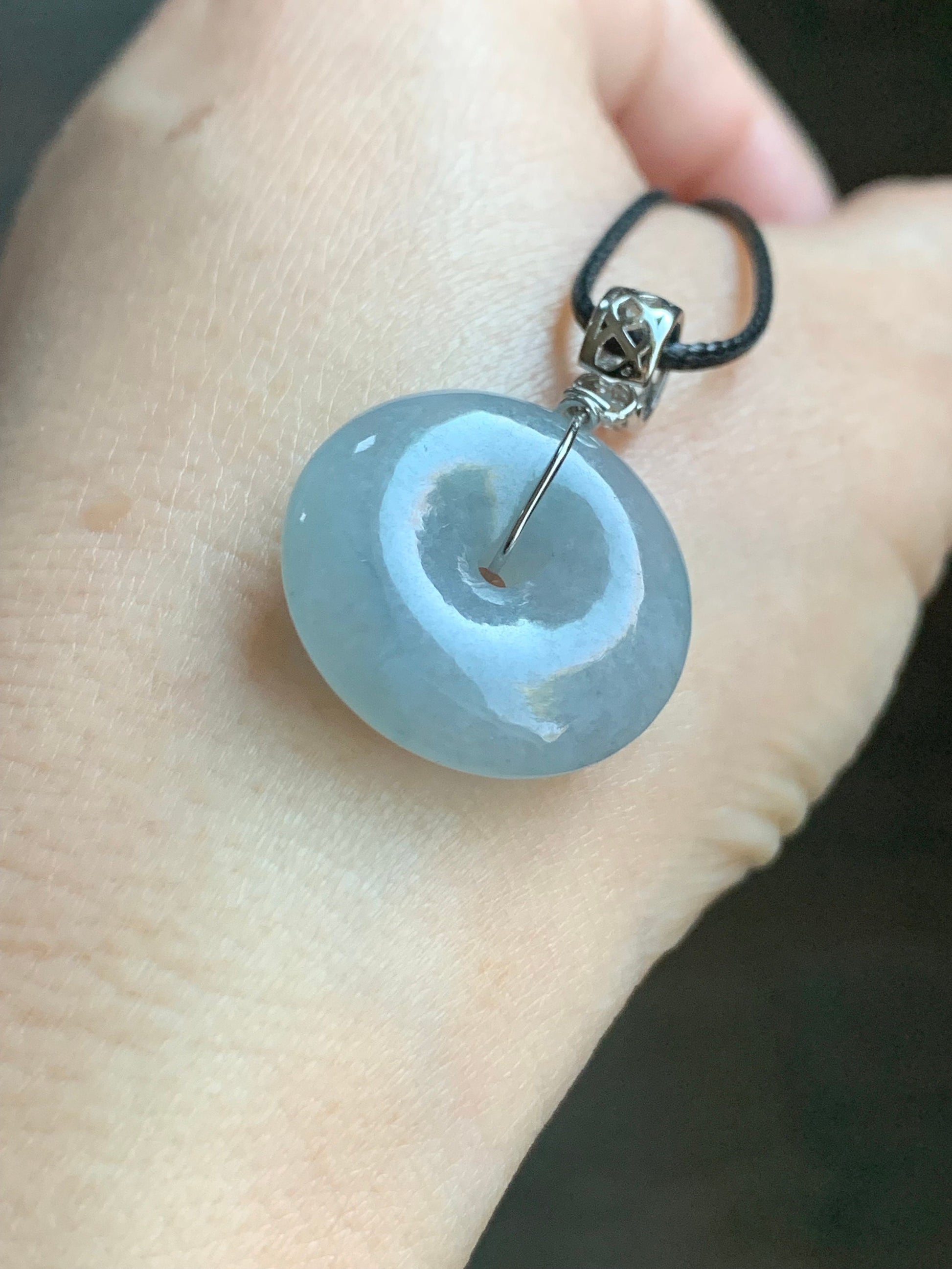 Natural Burmese Icy Translucent Gelatinous Light Blue Wuji Jadeite Ping An Kou Donut Pendant Sterling Silver 天然缅甸冰胶淡蓝乌鸡翡翠平安扣吊坠 A