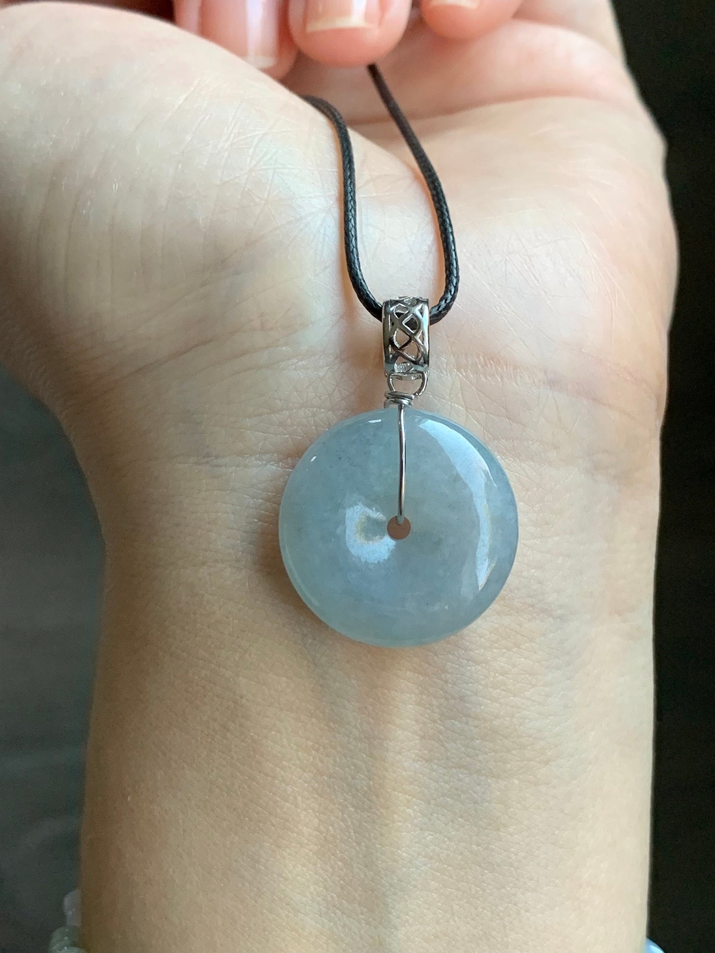 Natural Burmese Icy Translucent Gelatinous Light Blue Wuji Jadeite Ping An Kou Donut Pendant Sterling Silver 天然缅甸冰胶淡蓝乌鸡翡翠平安扣吊坠 A