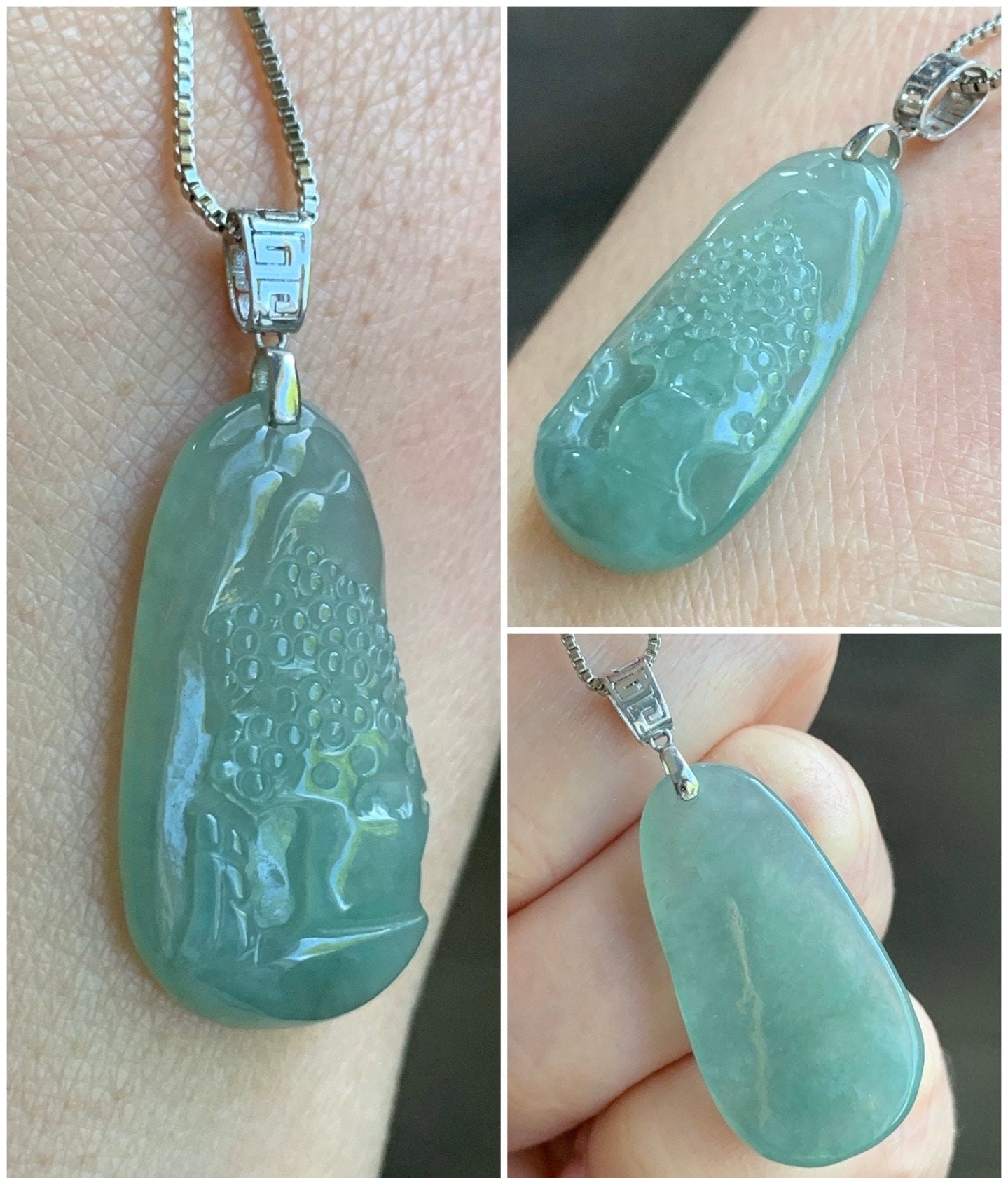 Natural Burmese Icy Translucent Gelatinous Light Green Jadeite Shan Shui Pai Landscape Scenery Pendant 18K White Gold 天然缅甸冰晴绿翡翠精工雕山水牌吊坠