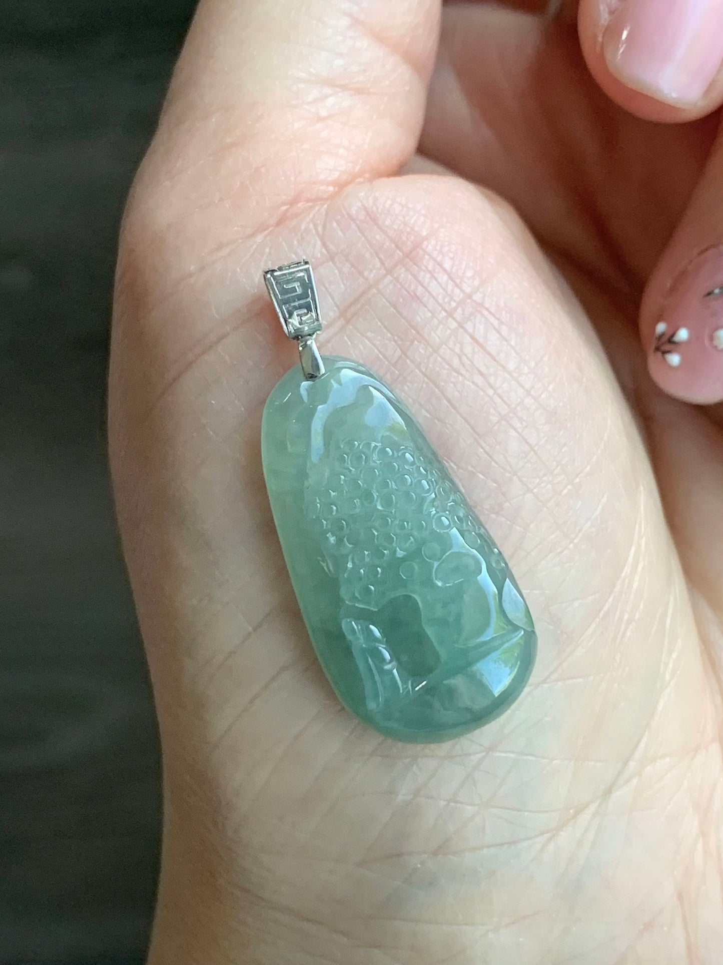 Natural Burmese Icy Translucent Gelatinous Light Green Jadeite Shan Shui Pai Landscape Scenery Pendant 18K White Gold 天然缅甸冰晴绿翡翠精工雕山水牌吊坠