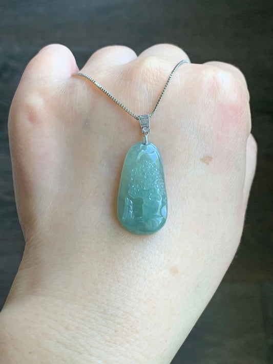 Natural Burmese Icy Translucent Gelatinous Light Green Jadeite Shan Shui Pai Landscape Scenery Pendant 18K White Gold 天然缅甸冰晴绿翡翠精工雕山水牌吊坠