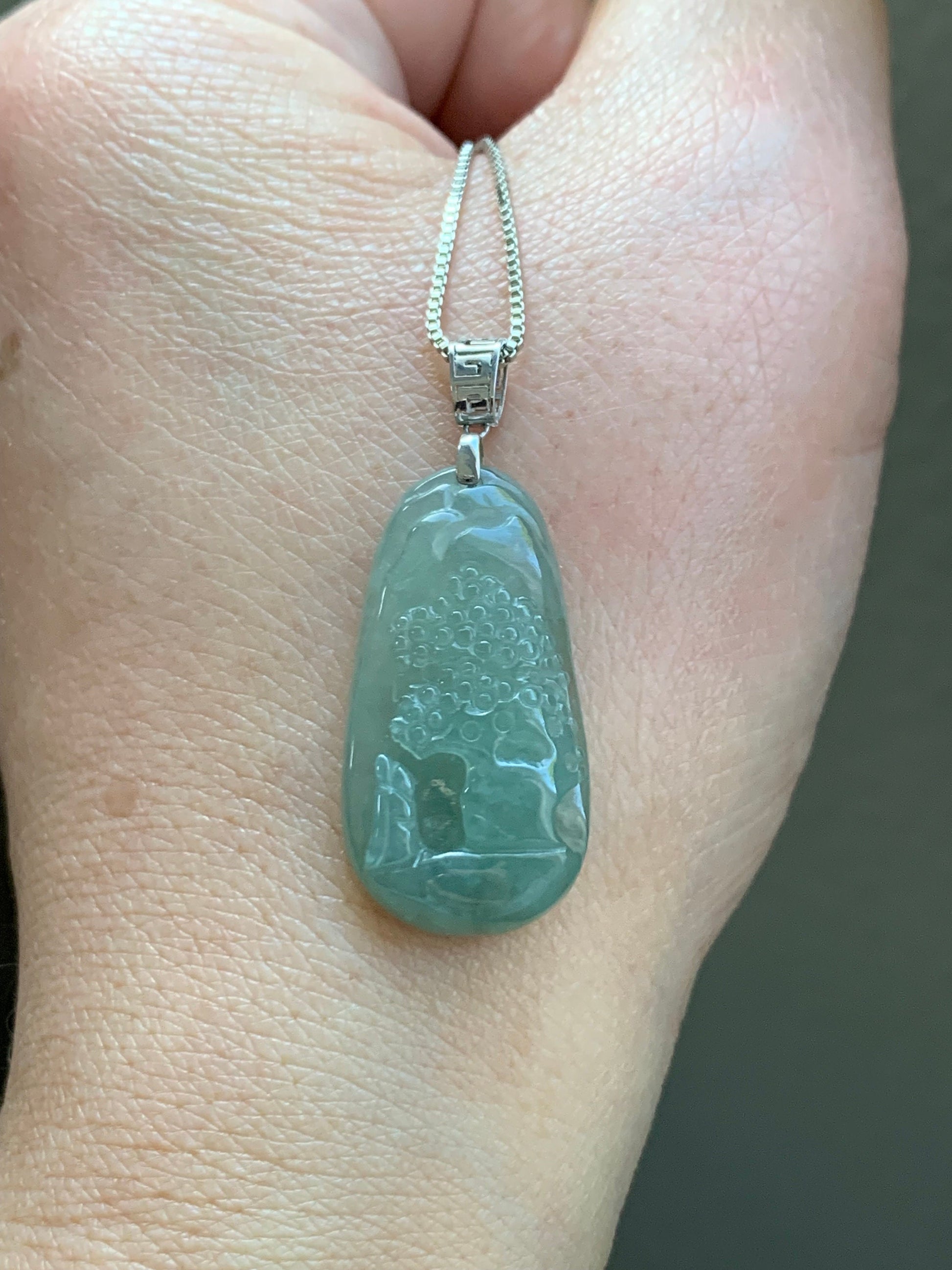 Natural Burmese Icy Translucent Gelatinous Light Green Jadeite Shan Shui Pai Landscape Scenery Pendant 18K White Gold 天然缅甸冰晴绿翡翠精工雕山水牌吊坠