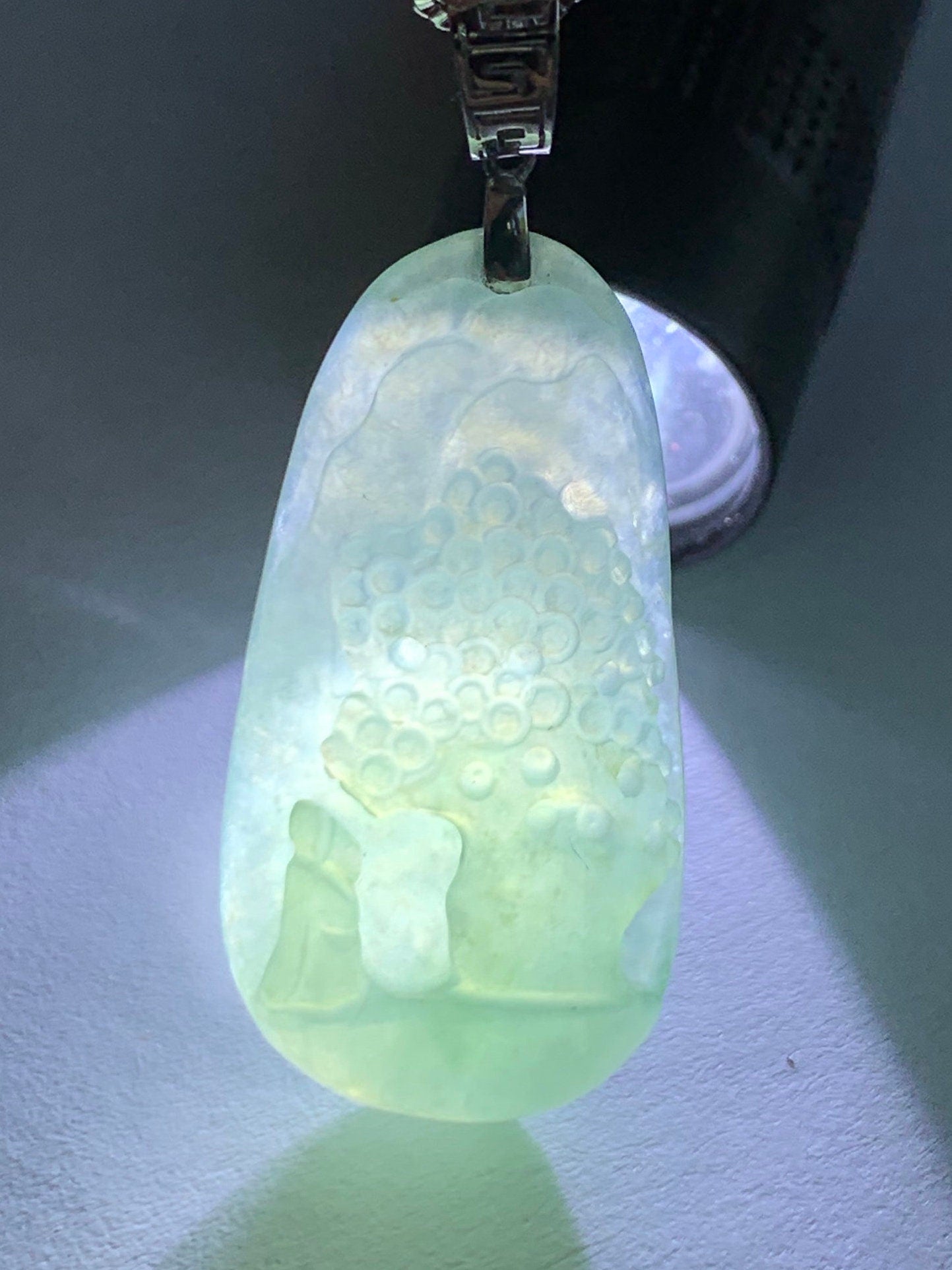 Natural Burmese Icy Translucent Gelatinous Light Green Jadeite Shan Shui Pai Landscape Scenery Pendant 18K White Gold 天然缅甸冰晴绿翡翠精工雕山水牌吊坠