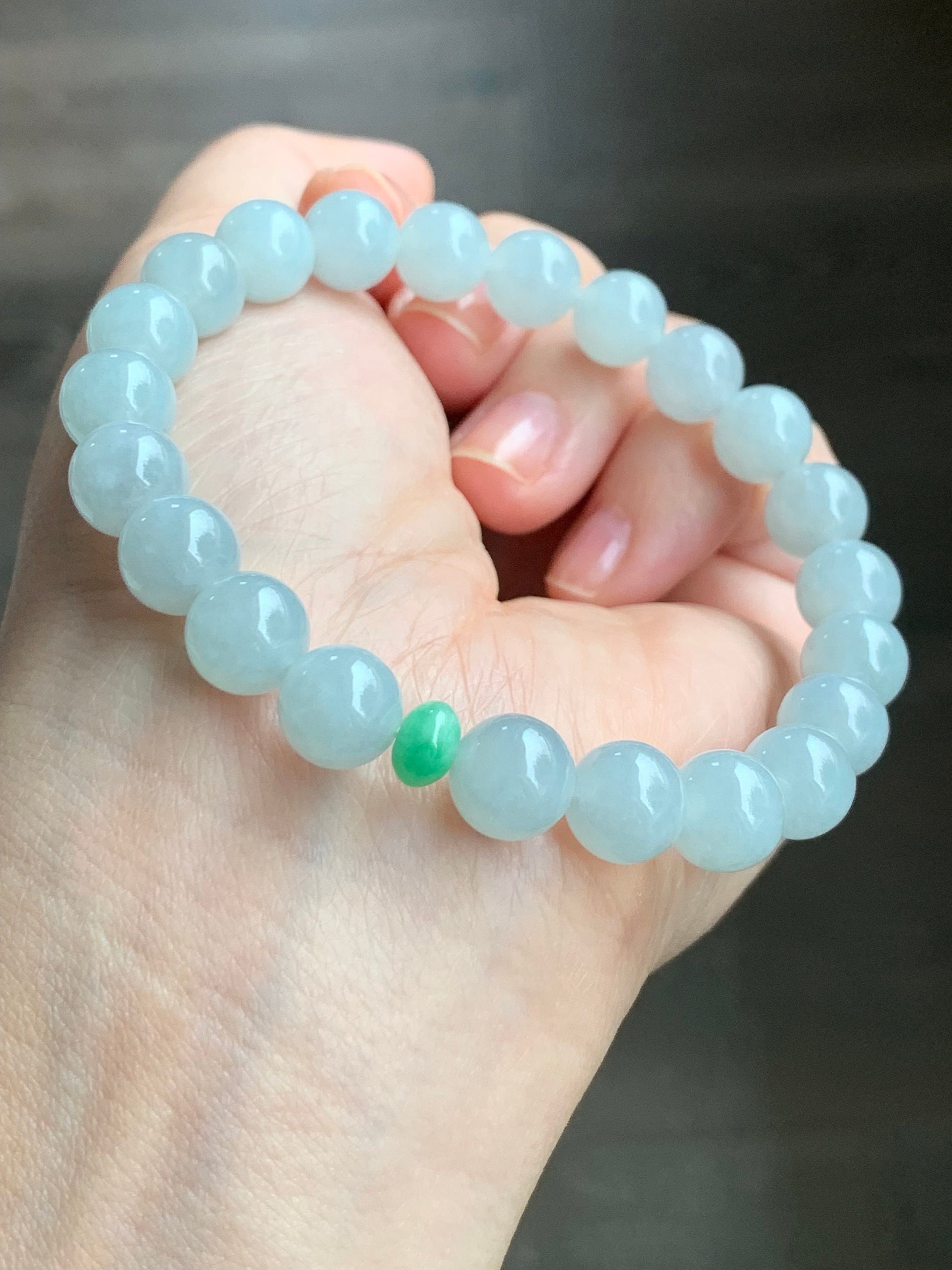 Natural Burmese Icy Translucent Gelatinous Pale Blue Jadeite Green Jadeite Drum Bead Beaded Bracelet Stretchy 9mm 7.25” 天然缅甸冰胶淡蓝翡翠手串 DDL83