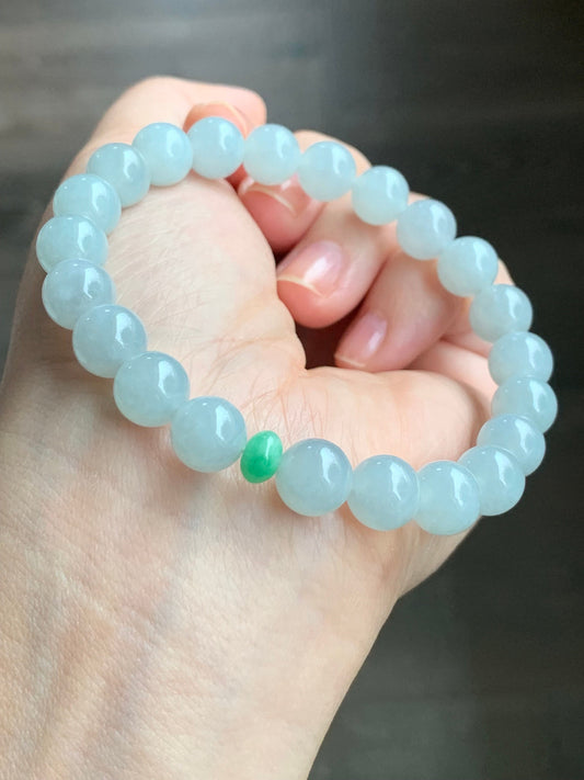 Natural Burmese Icy Translucent Gelatinous Pale Blue Jadeite Green Jadeite Drum Bead Beaded Bracelet Stretchy 9mm 7.25” 天然缅甸冰胶淡蓝翡翠手串 DDL83