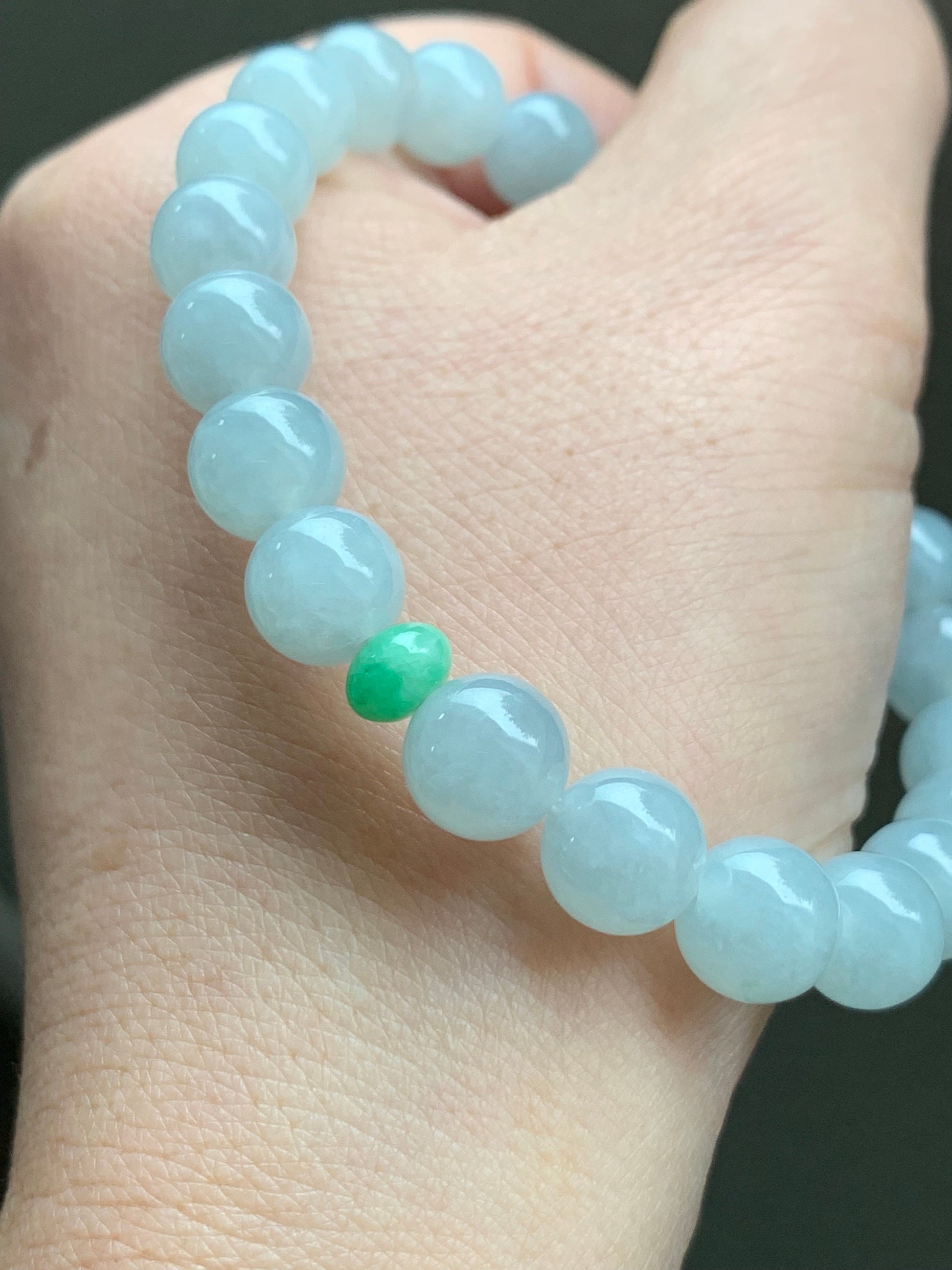 Natural Burmese Icy Translucent Gelatinous Pale Blue Jadeite Green Jadeite Drum Bead Beaded Bracelet Stretchy 9mm 7.25” 天然缅甸冰胶淡蓝翡翠手串 DDL83