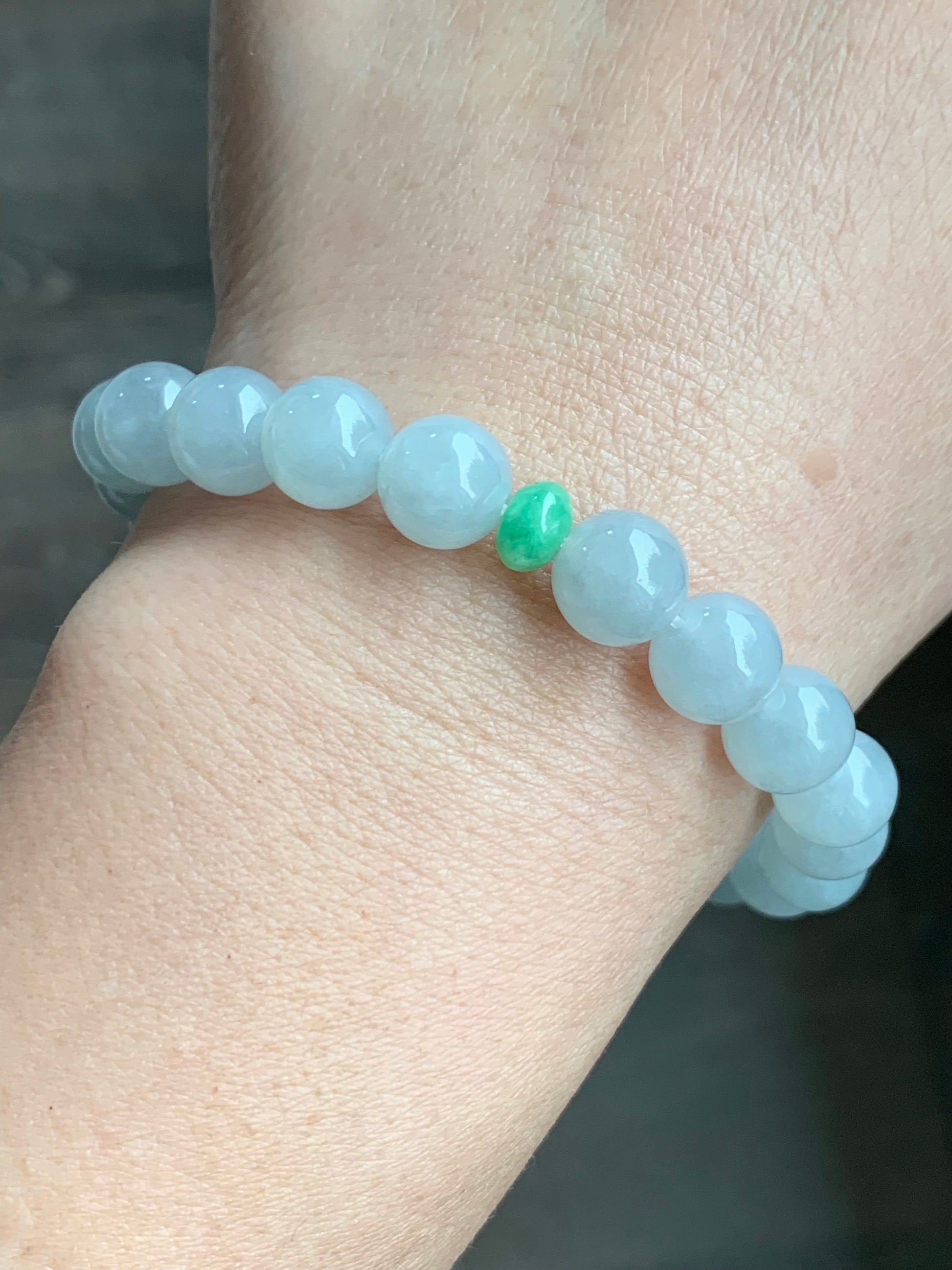 Natural Burmese Icy Translucent Gelatinous Pale Blue Jadeite Green Jadeite Drum Bead Beaded Bracelet Stretchy 9mm 7.25” 天然缅甸冰胶淡蓝翡翠手串 DDL83