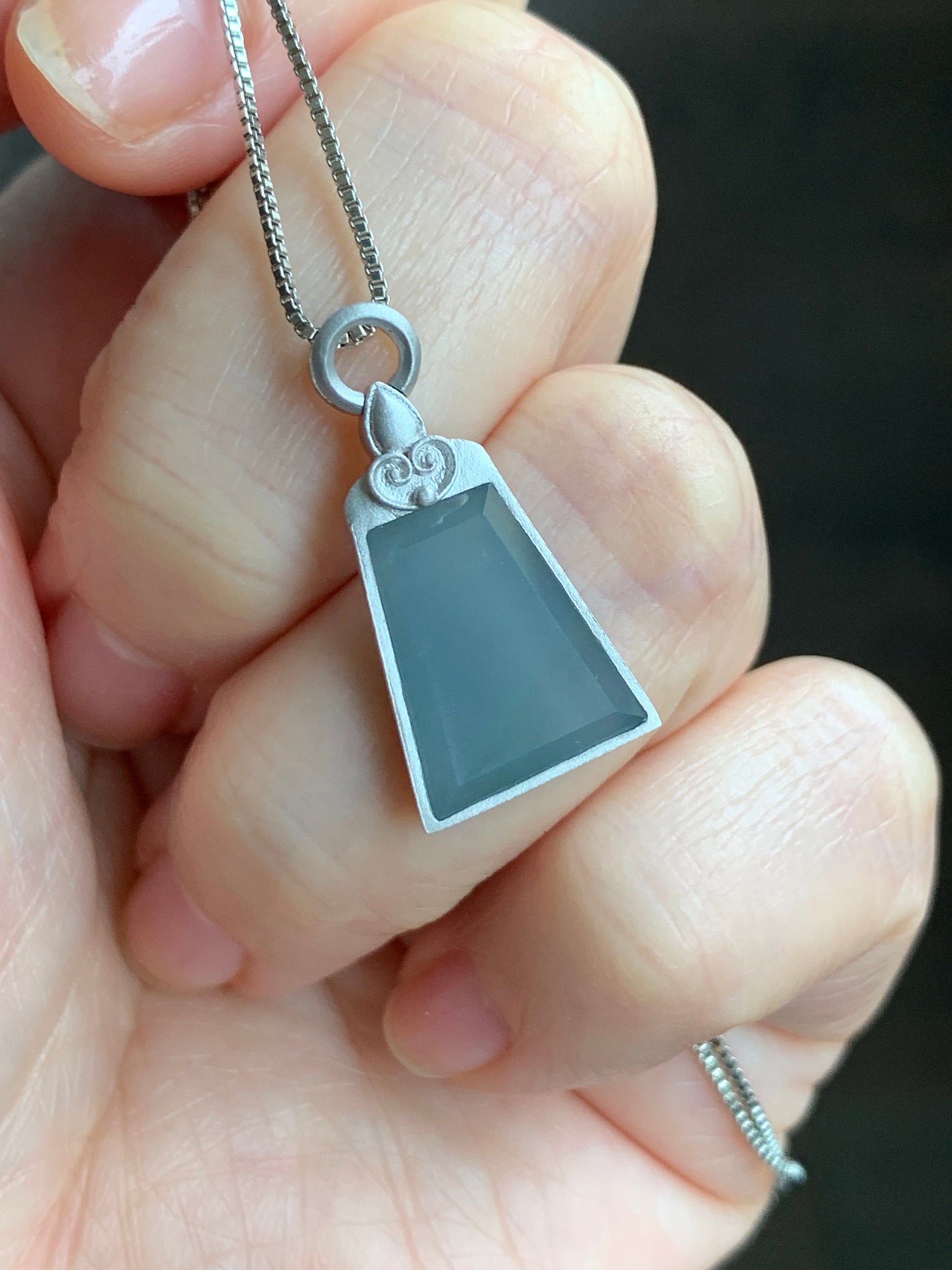 Certified Natural Guatemalan Icy Translucent Gelatinous Light Dusty Blue Jadeite Wu Shi Pai Pendant S925 Sterling Silver 天然冰危蓝翡翠银镶无事牌吊坠 1655