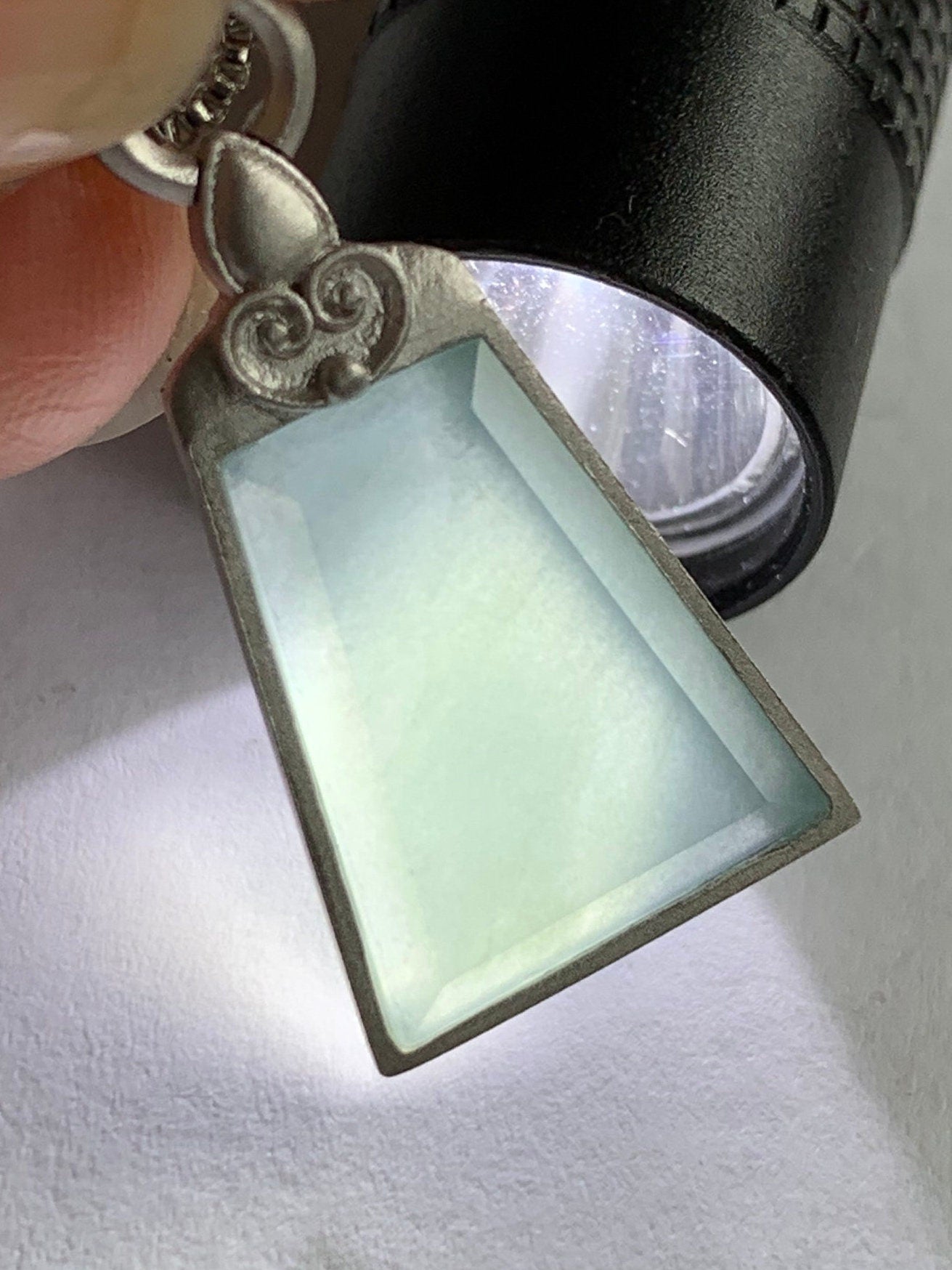 Certified Natural Guatemalan Icy Translucent Gelatinous Light Dusty Blue Jadeite Wu Shi Pai Pendant S925 Sterling Silver 天然冰危蓝翡翠银镶无事牌吊坠 1655