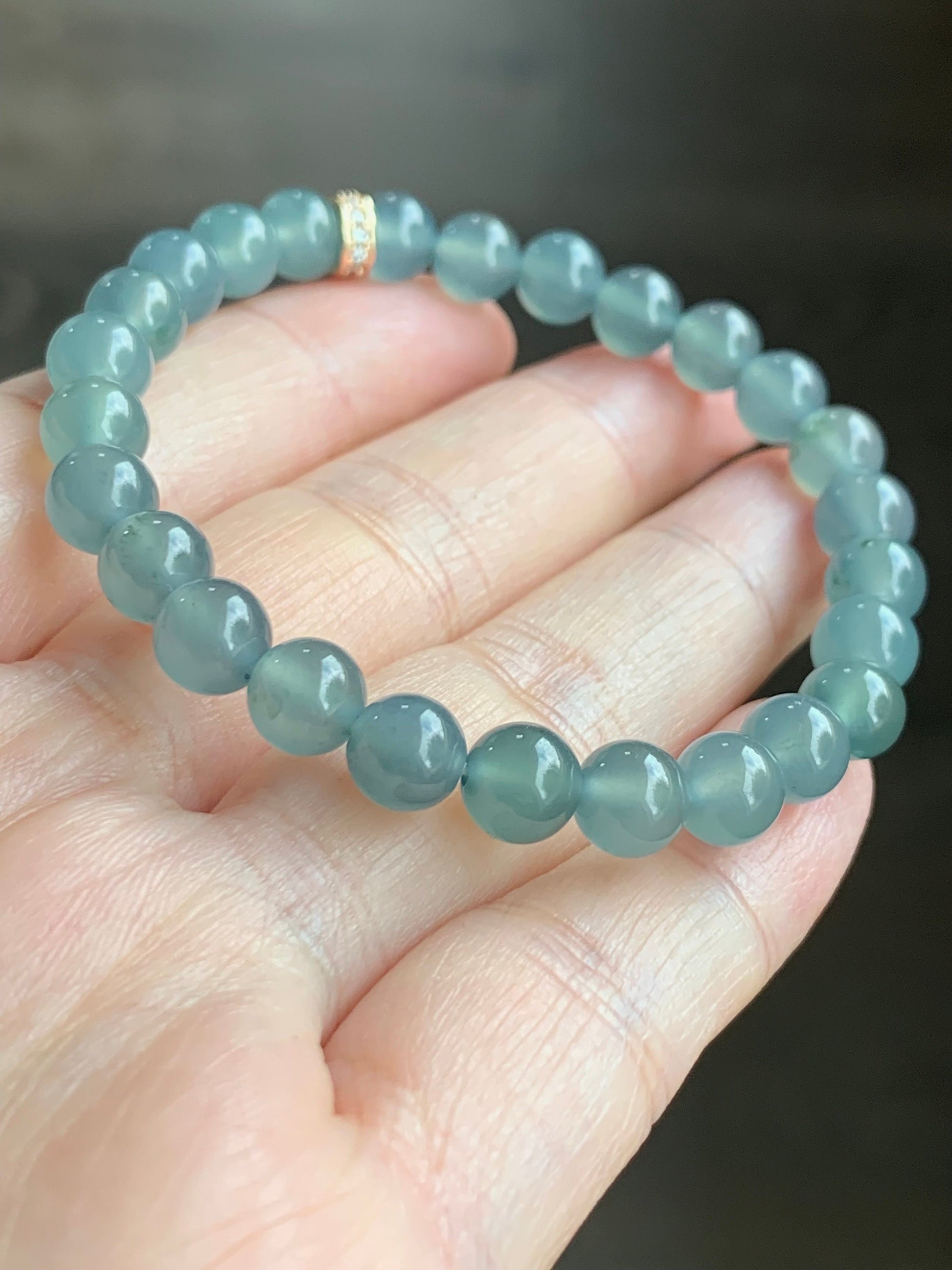 Certified Natural Guatemalan A Graded Icy Highly Translucent Light Dusty Blue Jadeite Beaded Bracelet 6.7mm 6.25” Stretchy 天然高冰危淡蓝翡翠手串 7413