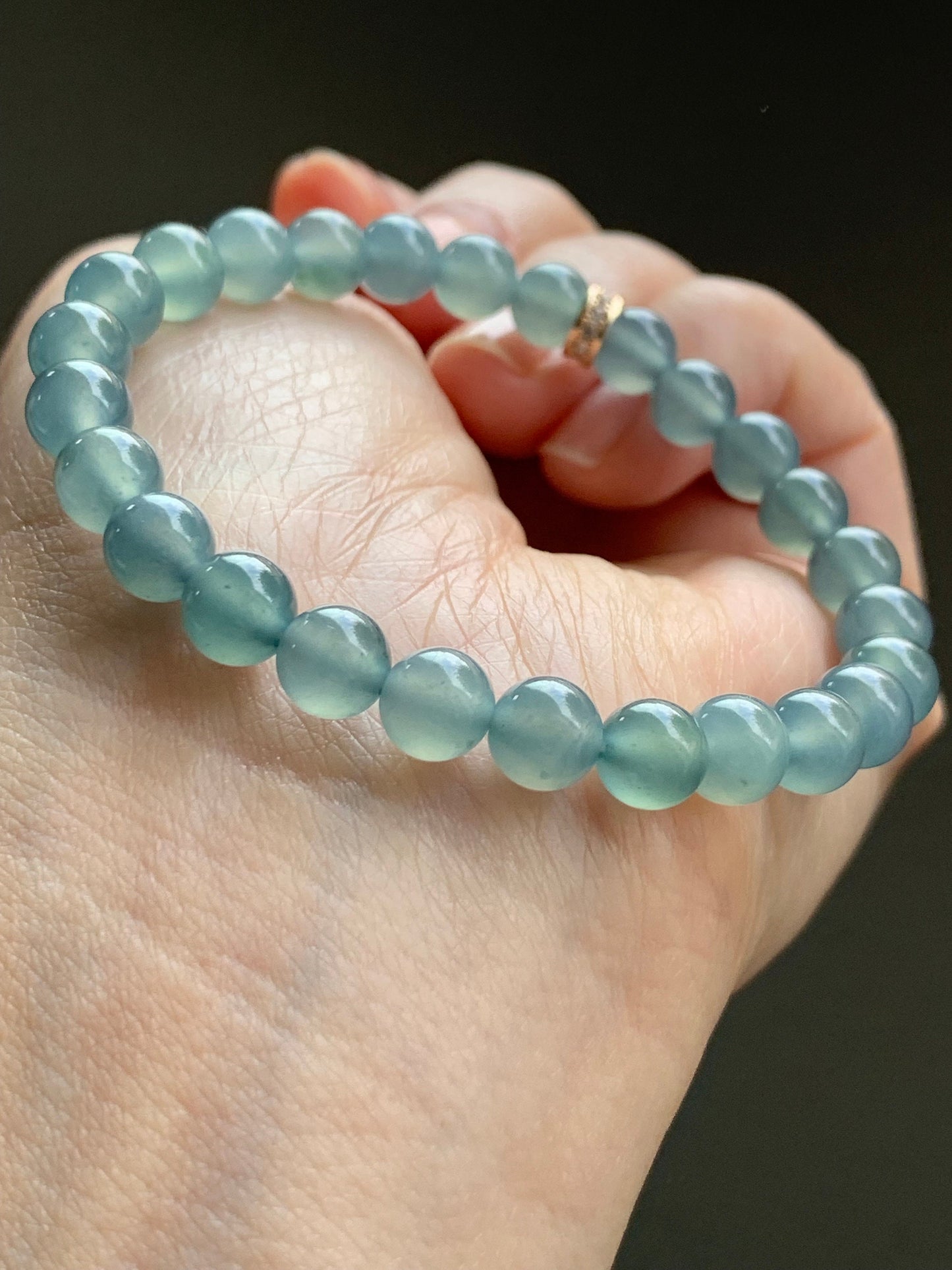 Certified Natural Guatemalan A Graded Icy Highly Translucent Light Dusty Blue Jadeite Beaded Bracelet 6.7mm 6.25” Stretchy 天然高冰危淡蓝翡翠手串 7413