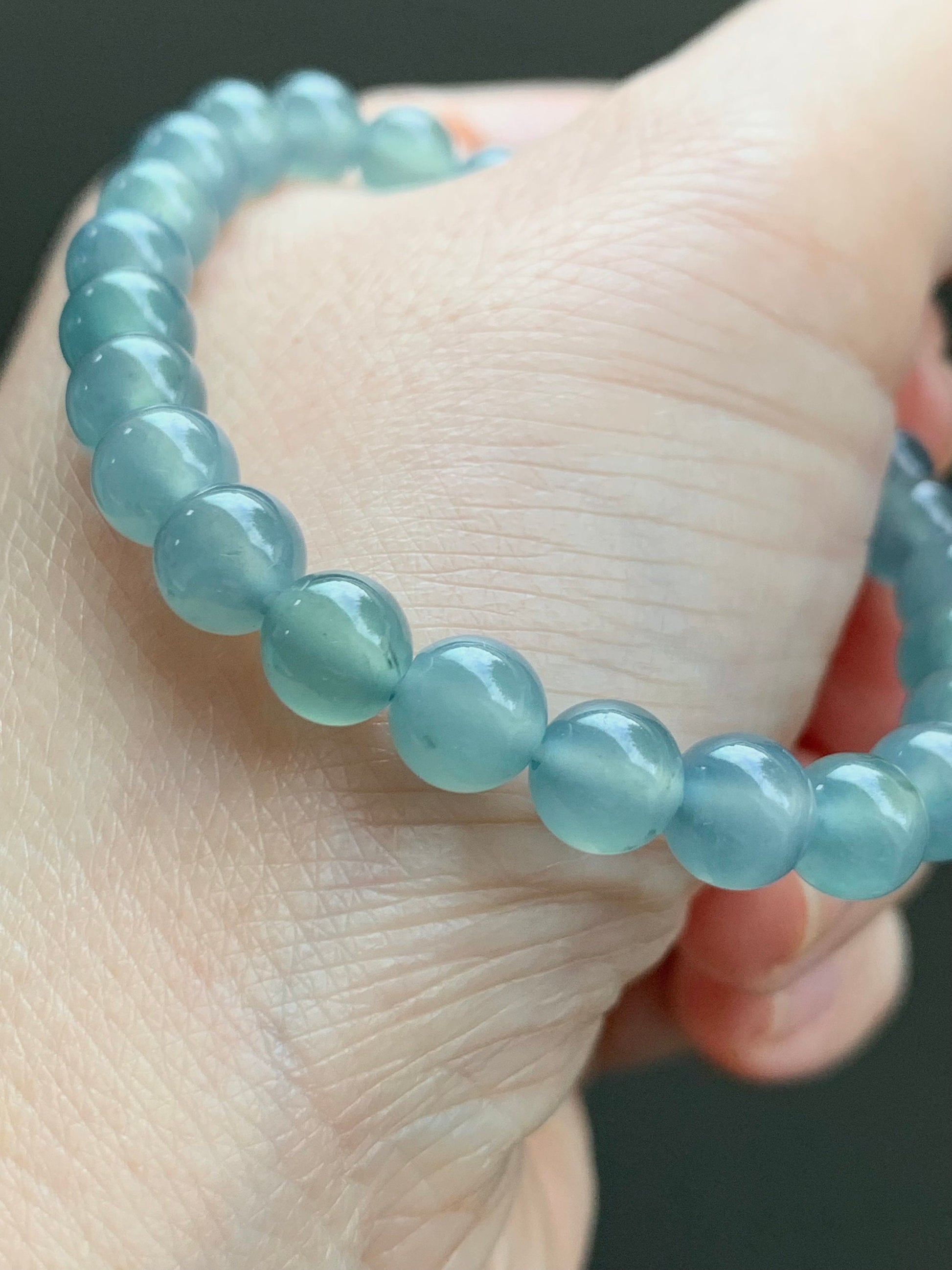 Certified Natural Guatemalan A Graded Icy Highly Translucent Light Dusty Blue Jadeite Beaded Bracelet 6.7mm 6.25” Stretchy 天然高冰危淡蓝翡翠手串 7413