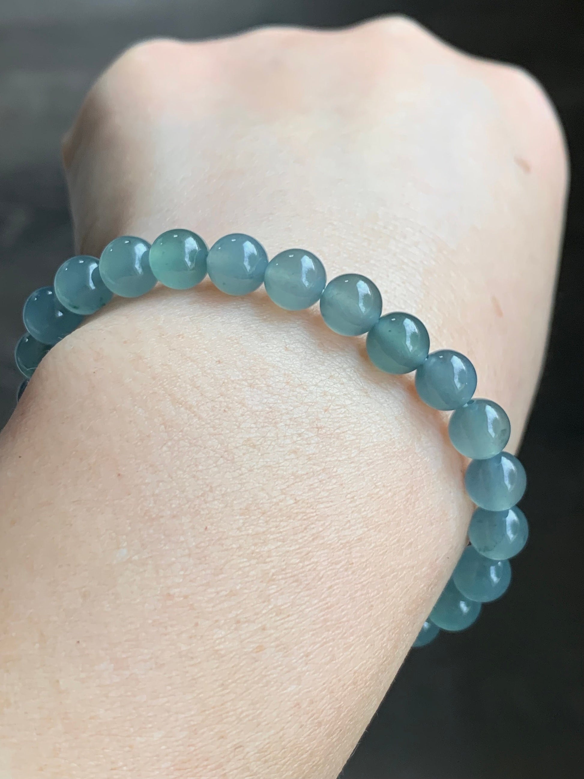 Certified Natural Guatemalan A Graded Icy Highly Translucent Light Dusty Blue Jadeite Beaded Bracelet 6.7mm 6.25” Stretchy 天然高冰危淡蓝翡翠手串 7413