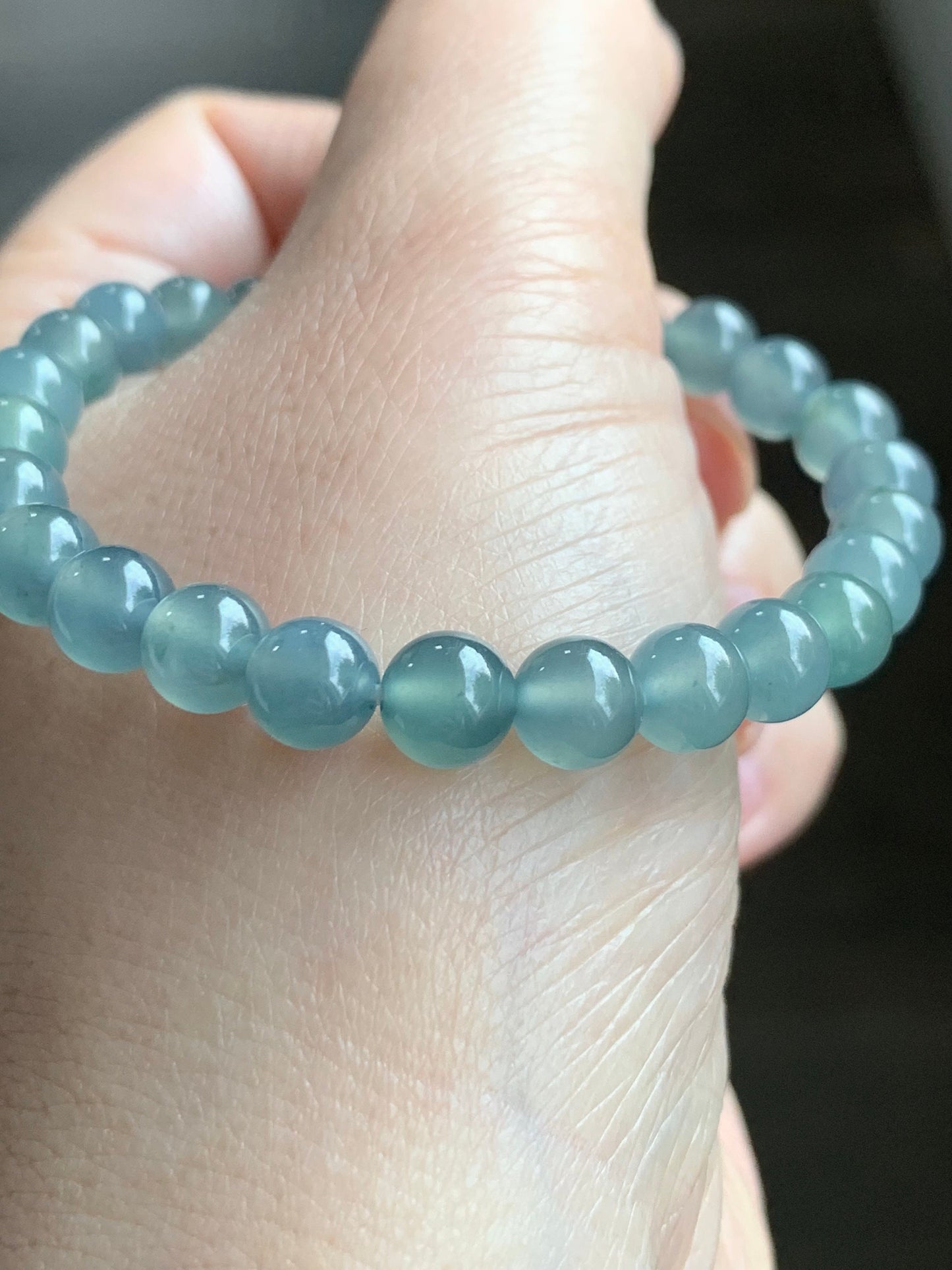 Certified Natural Guatemalan A Graded Icy Highly Translucent Light Dusty Blue Jadeite Beaded Bracelet 6.7mm 6.25” Stretchy 天然高冰危淡蓝翡翠手串 7413