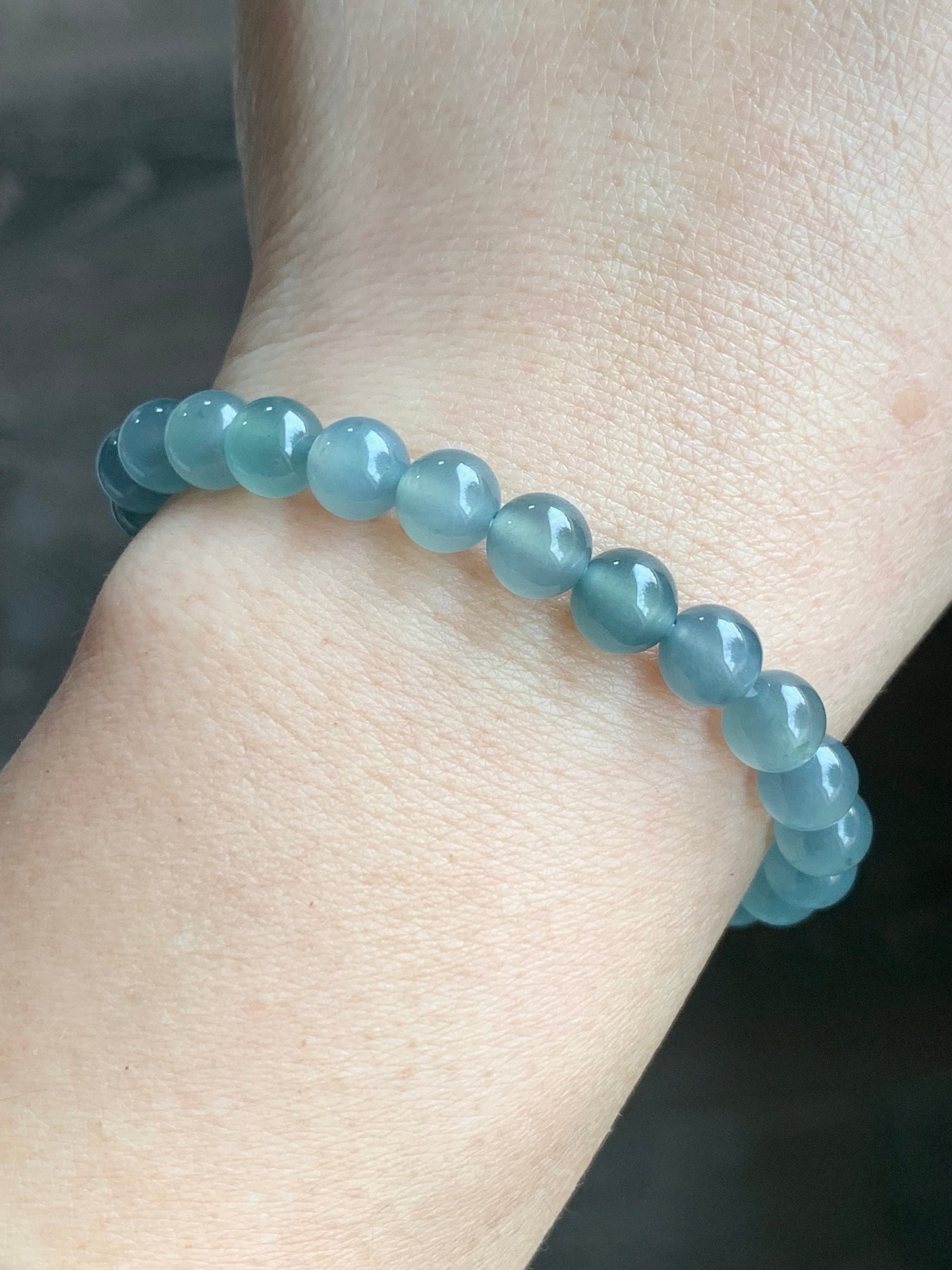 Certified Natural Guatemalan A Graded Icy Highly Translucent Light Dusty Blue Jadeite Beaded Bracelet 6.7mm 6.25” Stretchy 天然高冰危淡蓝翡翠手串 7413