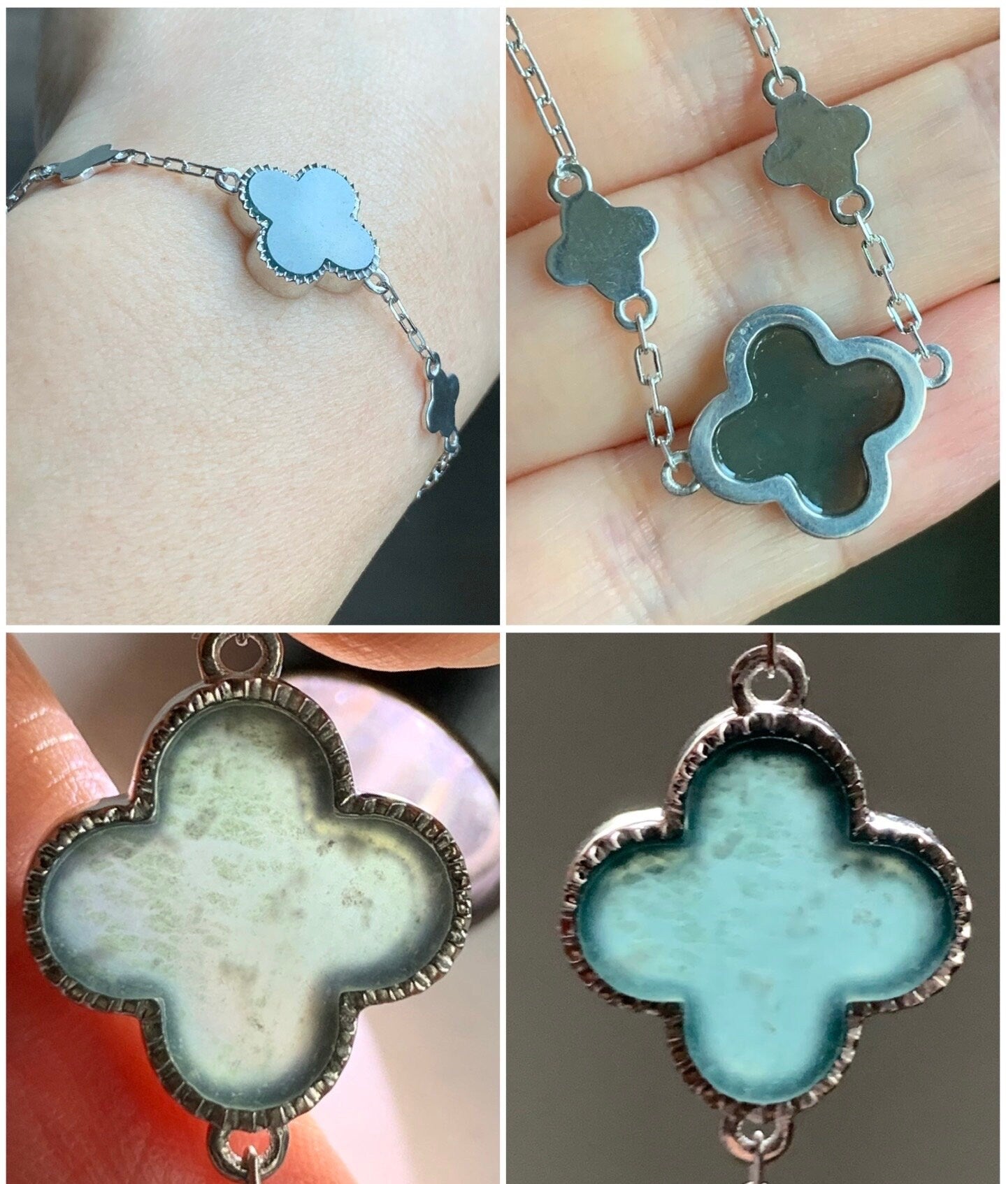 Certified Natural Guatemalan Icy Translucent Dark Teal Green Jadeite Clover Leaf Quatrefoil Bracelet Sterling Silver 天然冰危深蓝绿翡翠四叶草银镶手链 1685