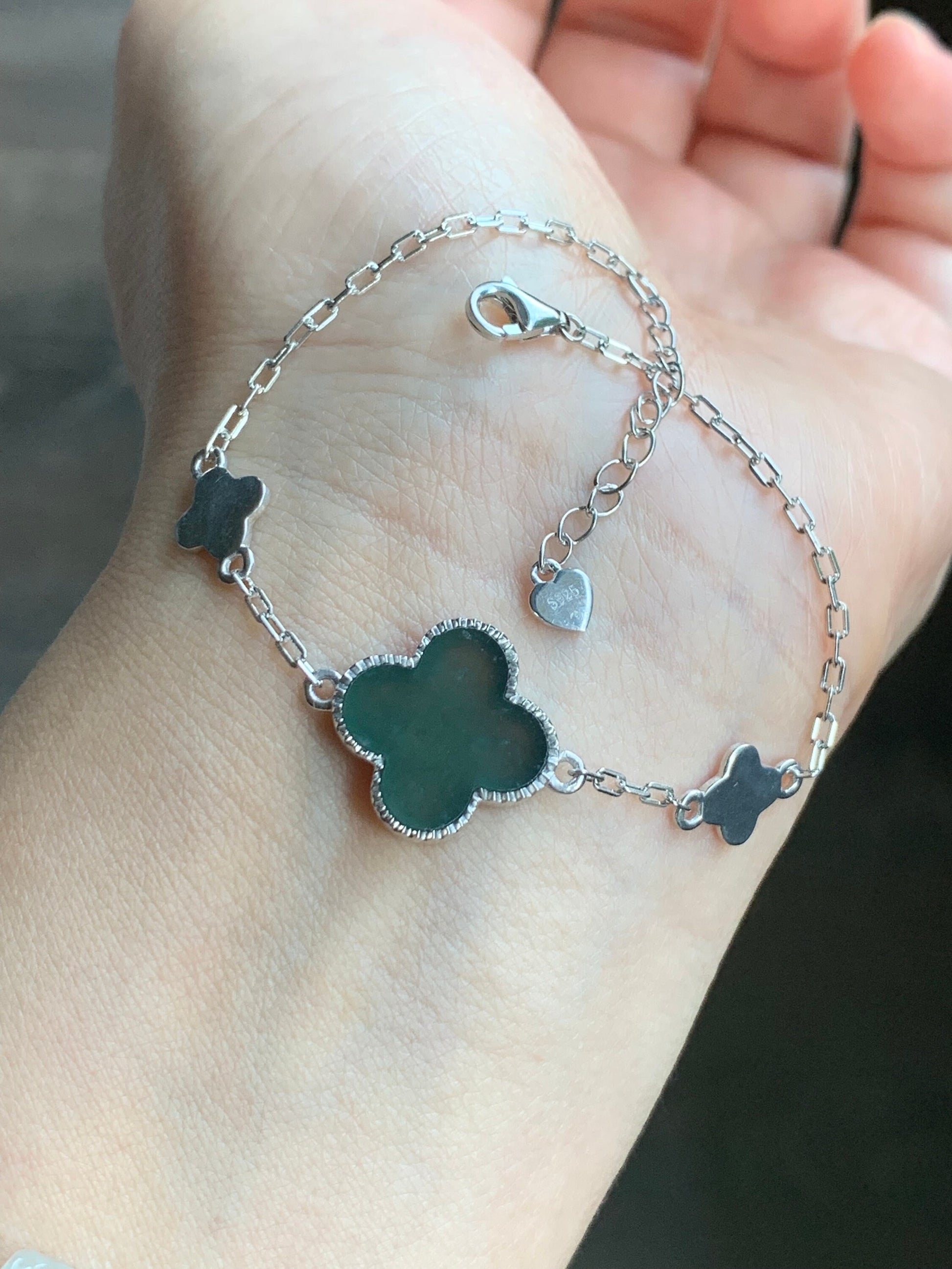 Certified Natural Guatemalan Icy Translucent Dark Teal Green Jadeite Clover Leaf Quatrefoil Bracelet Sterling Silver 天然冰危深蓝绿翡翠四叶草银镶手链 1685