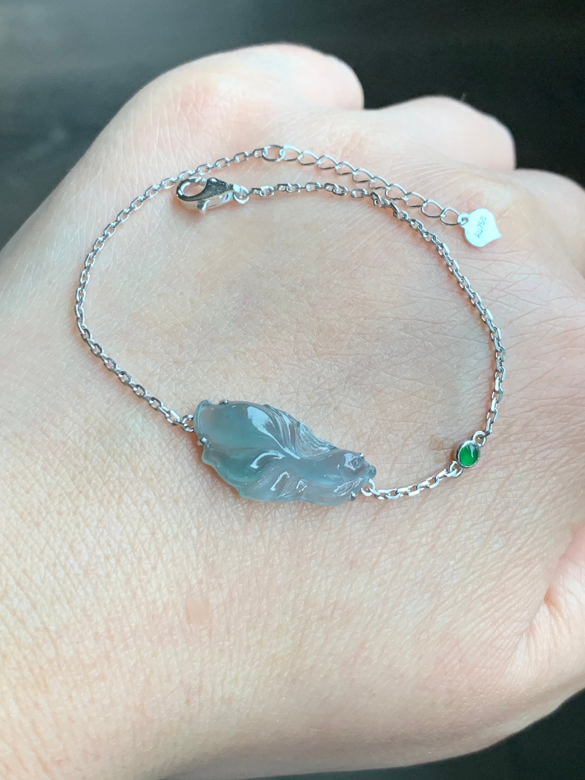 Certified Natural Guatemalan Icy Highly Translucent Dusty Blue Jadeite Betta Fish Bracelet 18K White Gold 6.25”-7.25” 天然冰危淡蓝翡翠斗鱼金镶手链 345