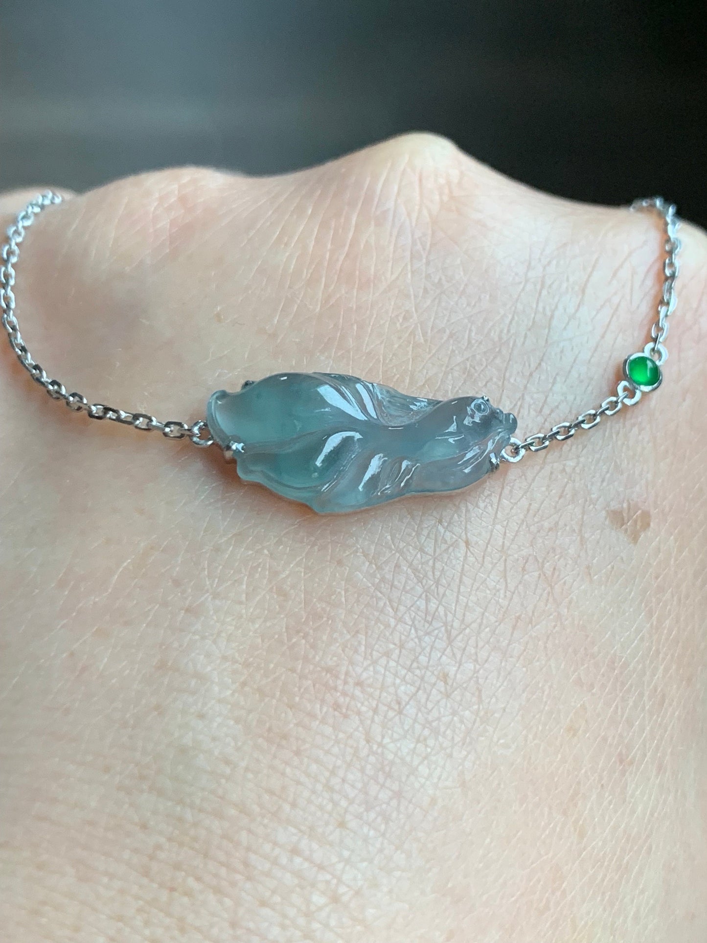 Certified Natural Guatemalan Icy Highly Translucent Dusty Blue Jadeite Betta Fish Bracelet 18K White Gold 6.25”-7.25” 天然冰危淡蓝翡翠斗鱼金镶手链 345