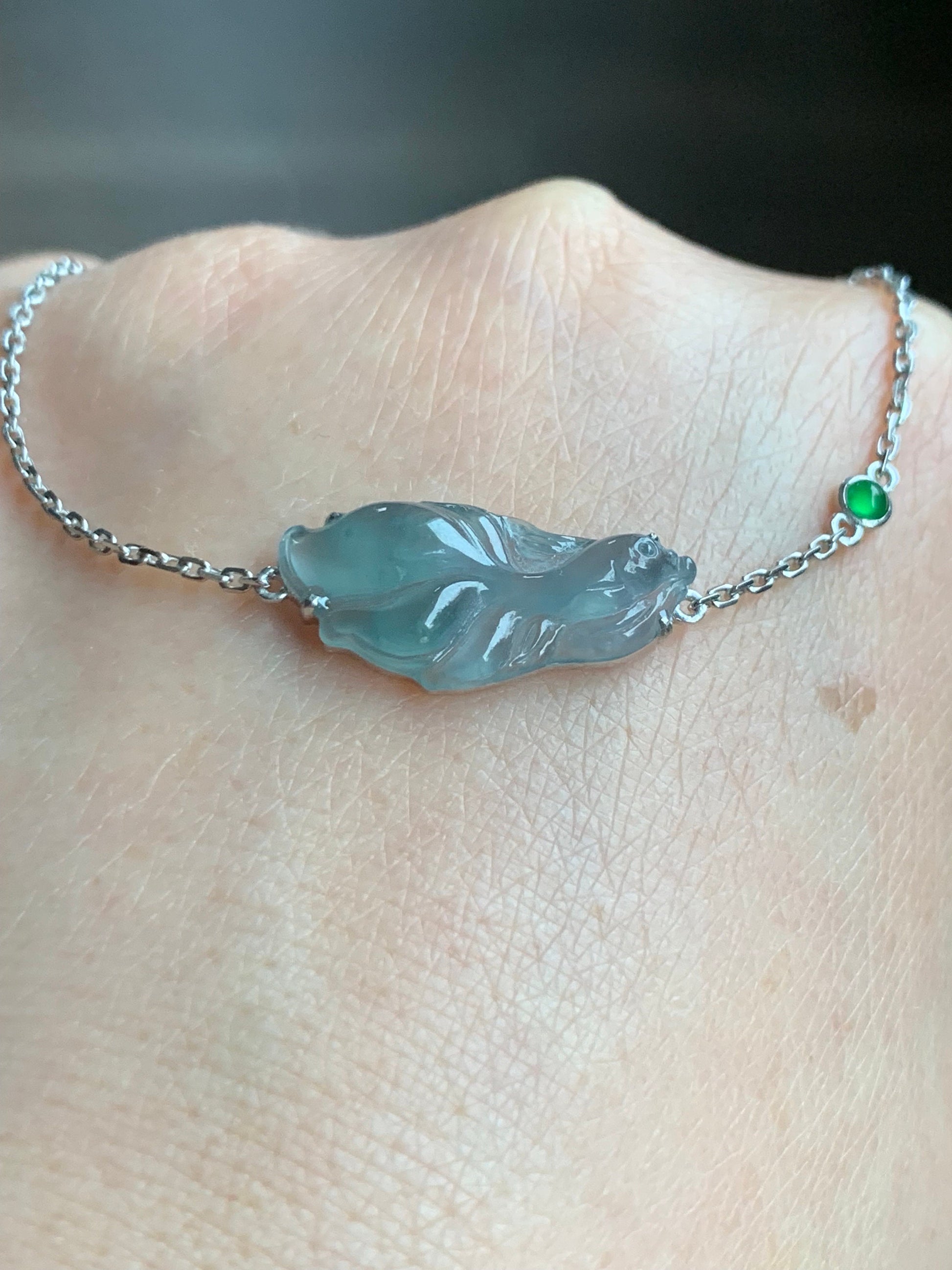 Certified Natural Guatemalan Icy Highly Translucent Dusty Blue Jadeite Betta Fish Bracelet 18K White Gold 6.25”-7.25” 天然冰危淡蓝翡翠斗鱼金镶手链 345