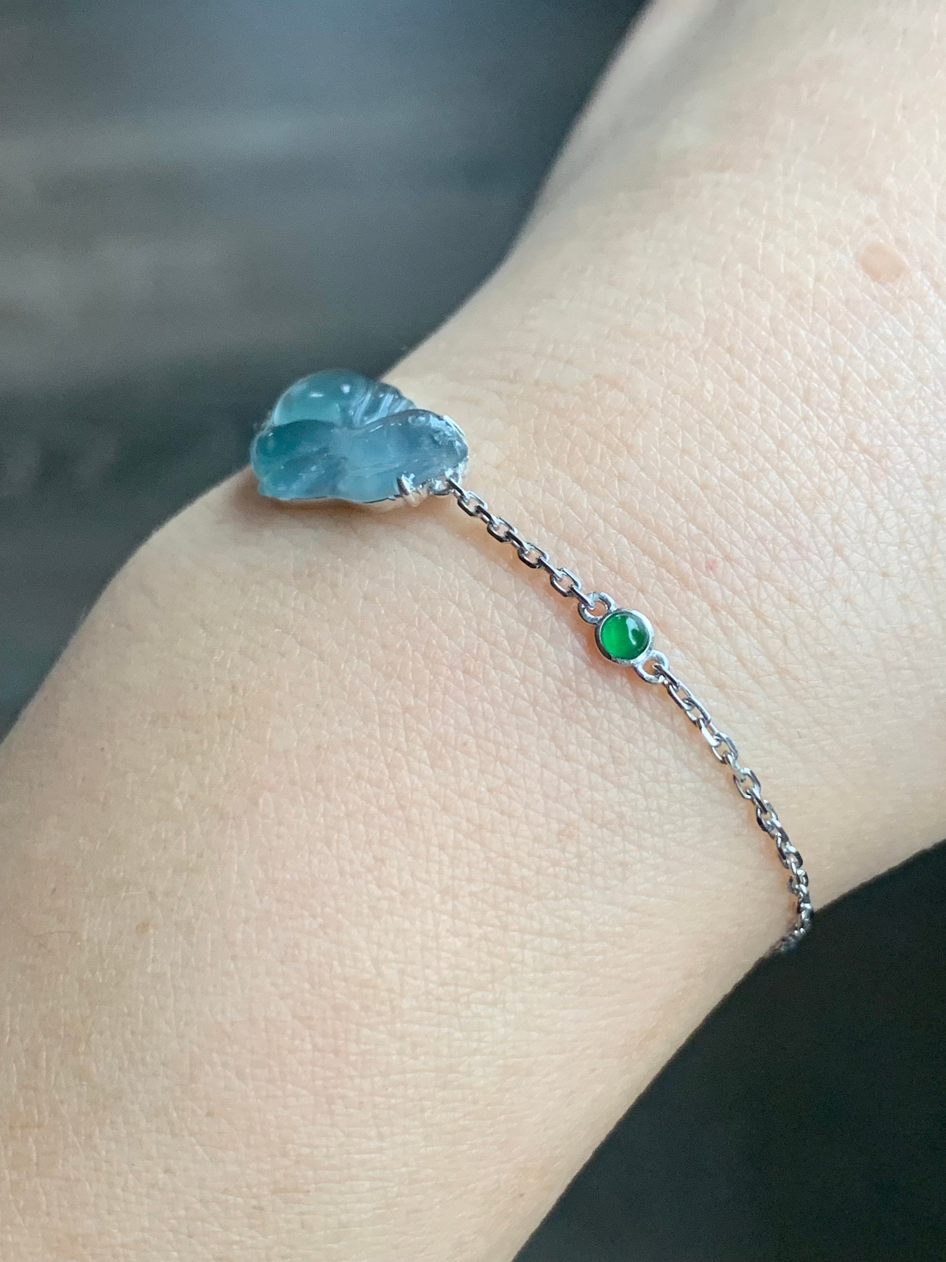 Certified Natural Guatemalan Icy Highly Translucent Dusty Blue Jadeite Betta Fish Bracelet 18K White Gold 6.25”-7.25” 天然冰危淡蓝翡翠斗鱼金镶手链 345