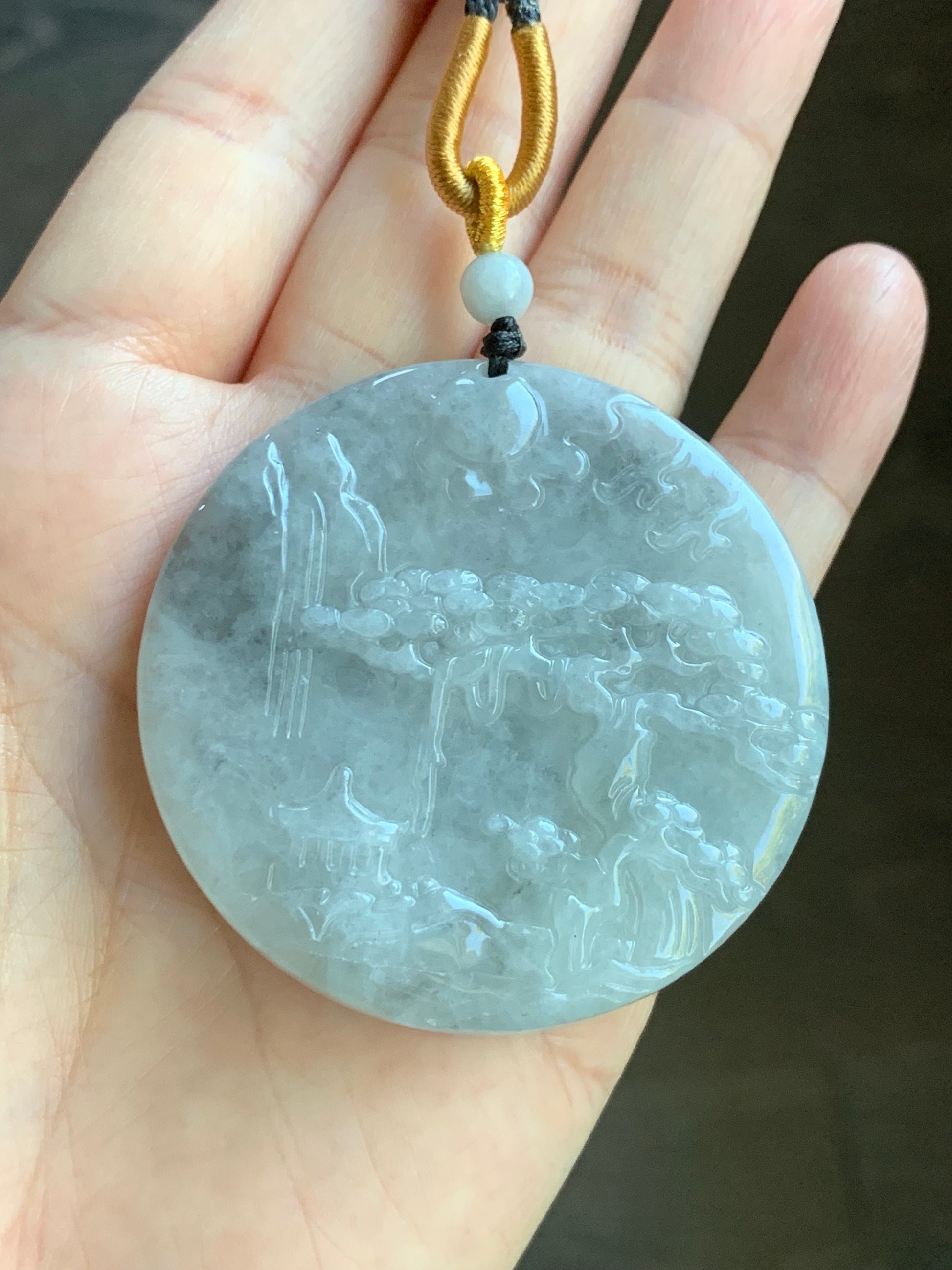 Large Natural Burmese Icy Translucent Light Wuji Marbled Jadeite Shan Shui Scenery Landscape Pendant Rope Necklace 39g 天然缅甸冰乌鸡翡翠山水牌吊坠