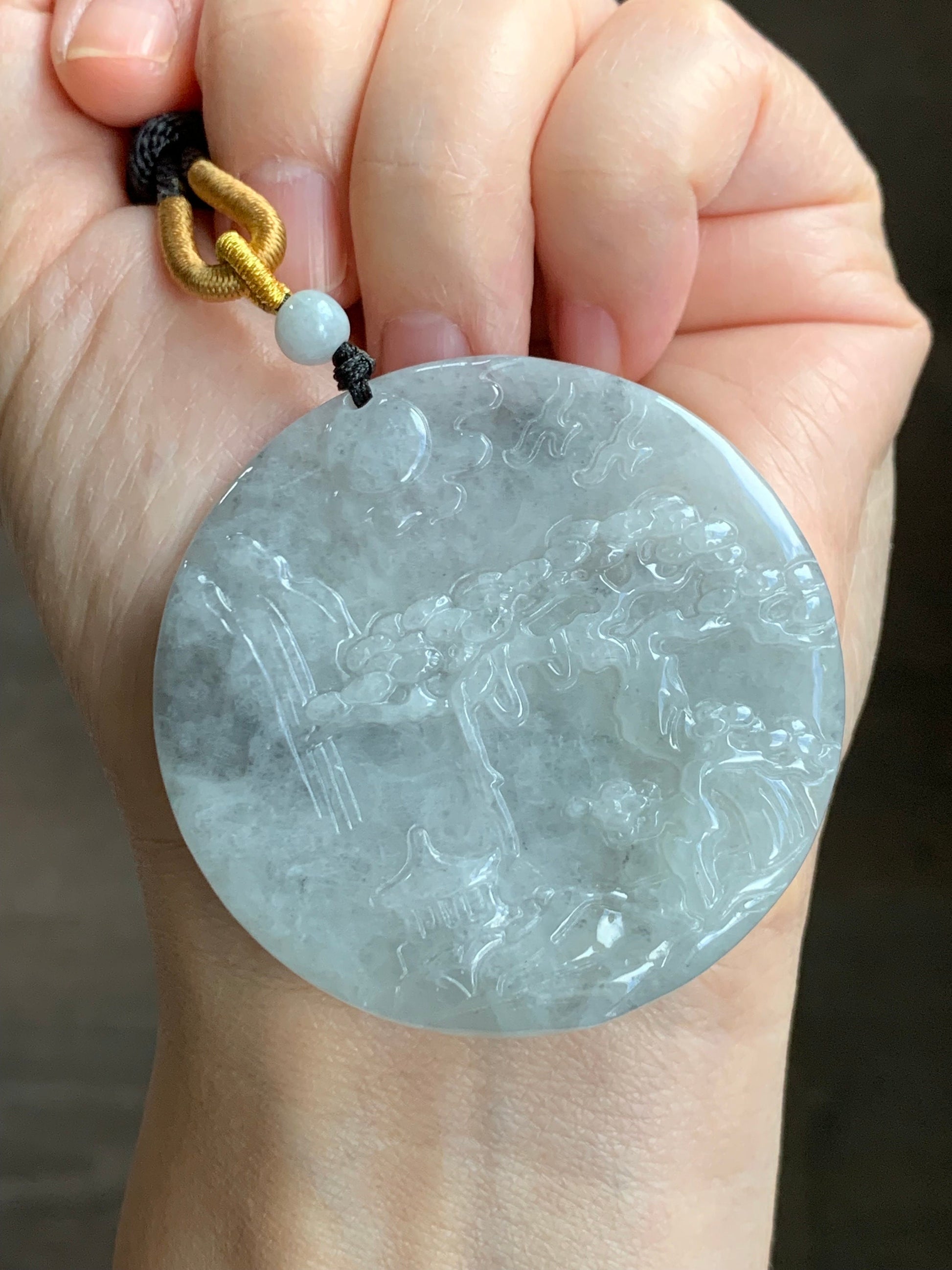 Large Natural Burmese Icy Translucent Light Wuji Marbled Jadeite Shan Shui Scenery Landscape Pendant Rope Necklace 39g 天然缅甸冰乌鸡翡翠山水牌吊坠
