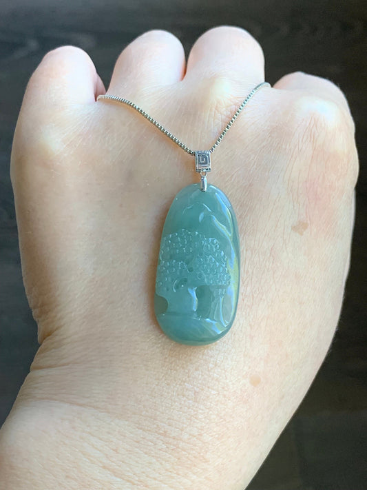 Natural Burmese Icy Translucent Light Green Jadeite Engraved Shan Shui Landscape Scenery Pendant 18K White Gold 天然缅甸冰晴翡翠山水牌镶嵌吊坠