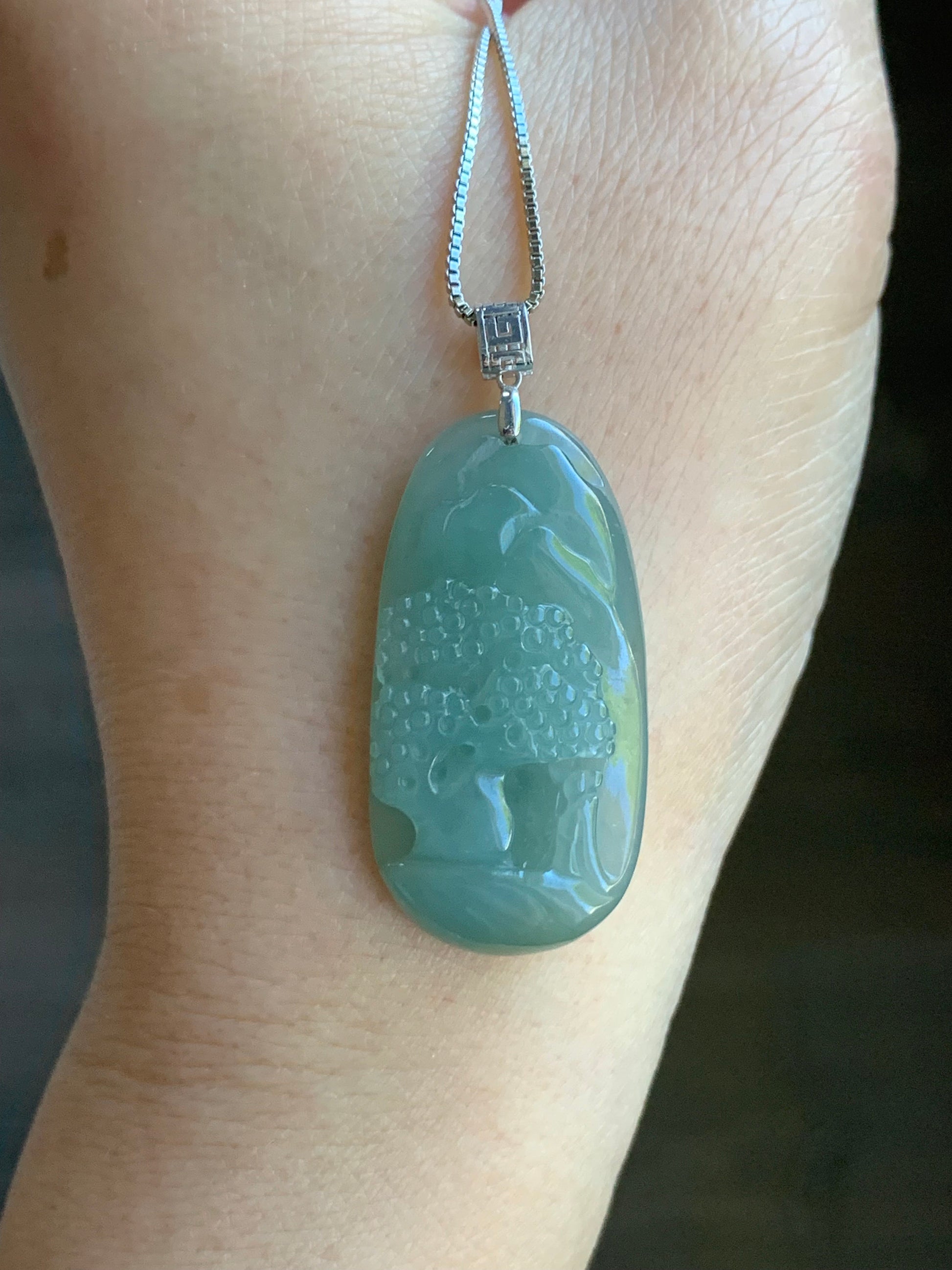 Natural Burmese Icy Translucent Light Green Jadeite Engraved Shan Shui Landscape Scenery Pendant 18K White Gold 天然缅甸冰晴翡翠山水牌镶嵌吊坠