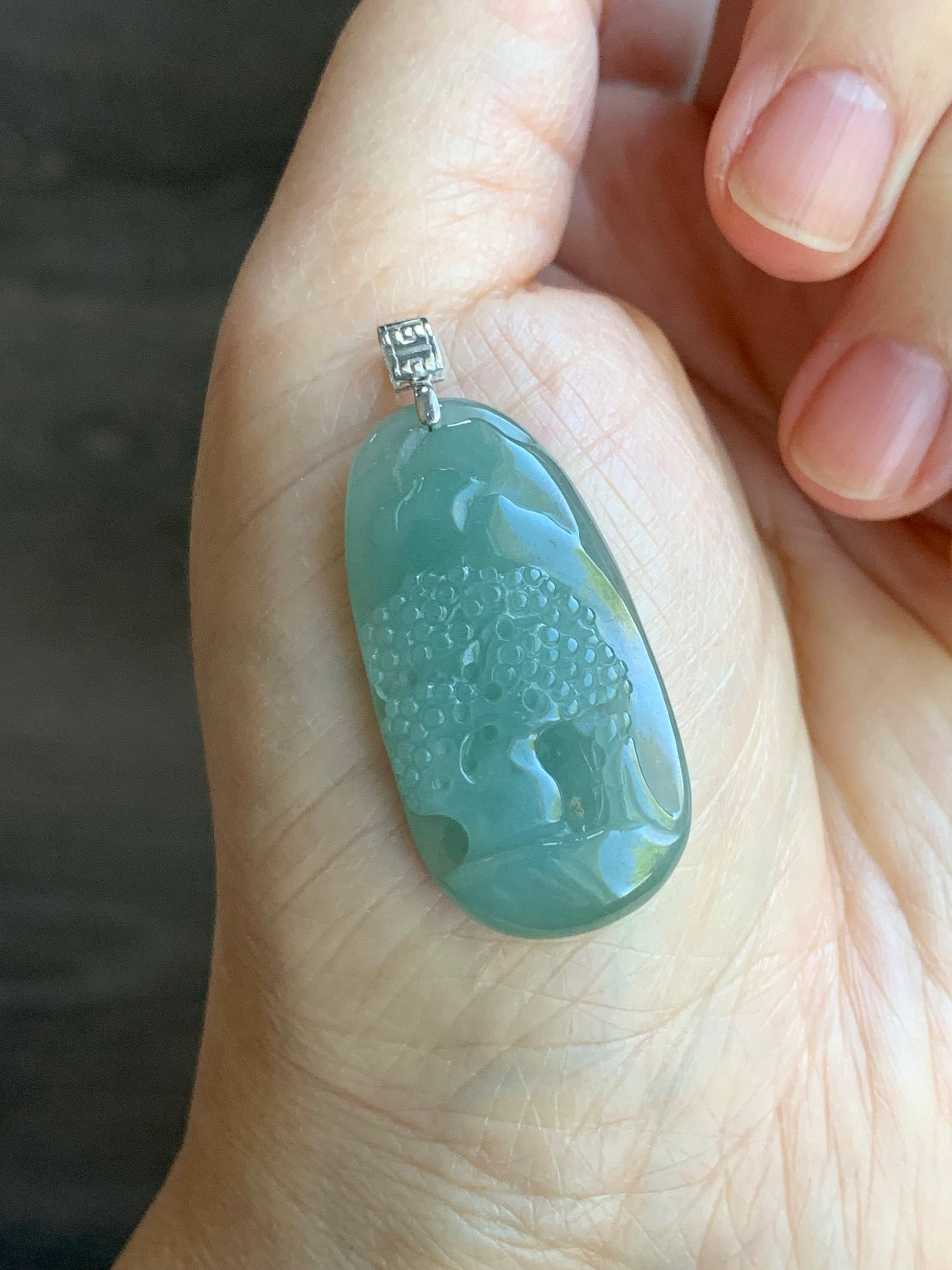 Natural Burmese Icy Translucent Light Green Jadeite Engraved Shan Shui Landscape Scenery Pendant 18K White Gold 天然缅甸冰晴翡翠山水牌镶嵌吊坠