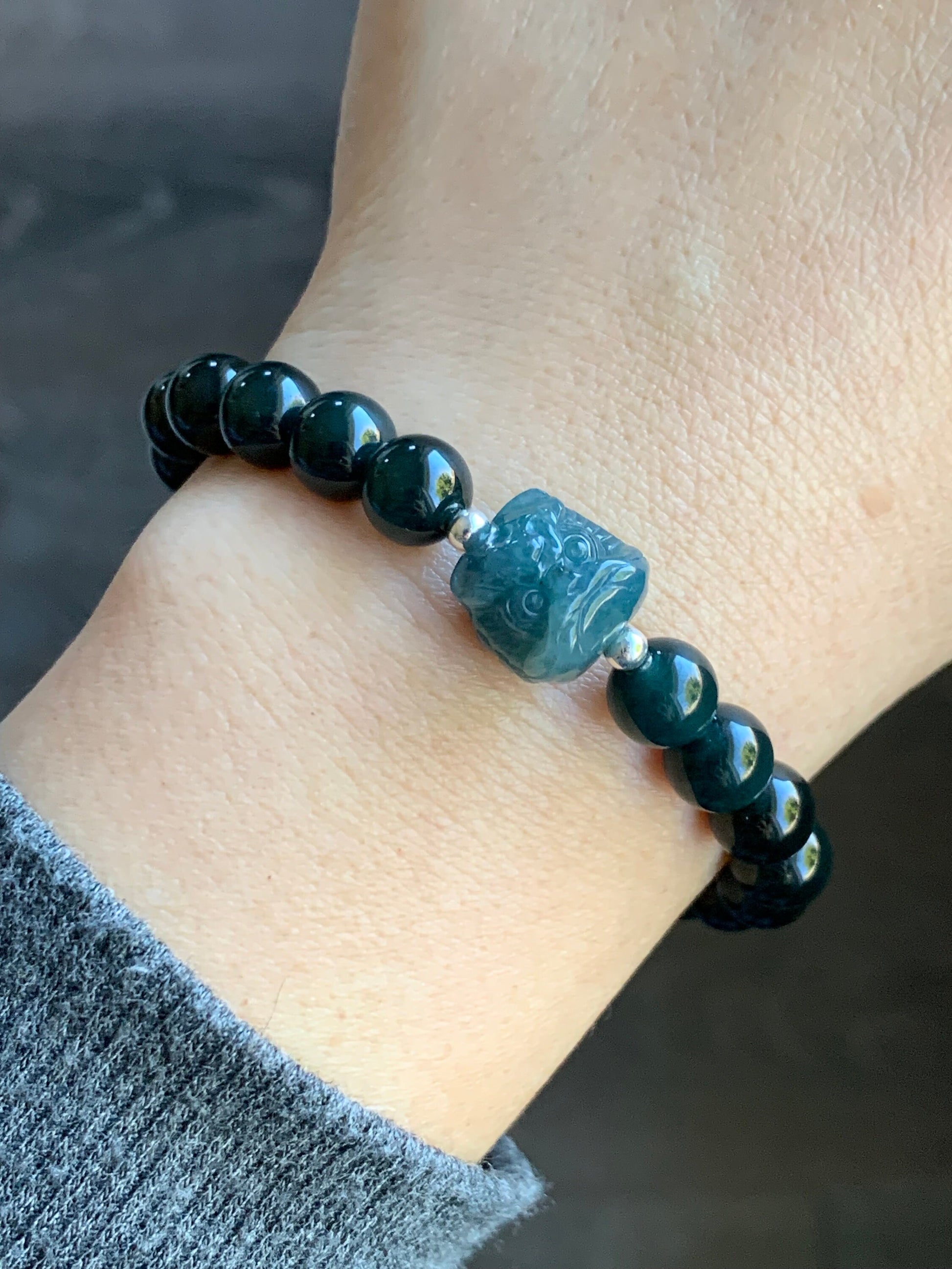 Natural Guatemalan Icy Translucent Gelatinous Dark Teal Green Jadeite Dancing Lion Bead Beaded Bracelet 7” Sterling Silver 天然冰胶危湖水绿翡翠醒狮珠手串