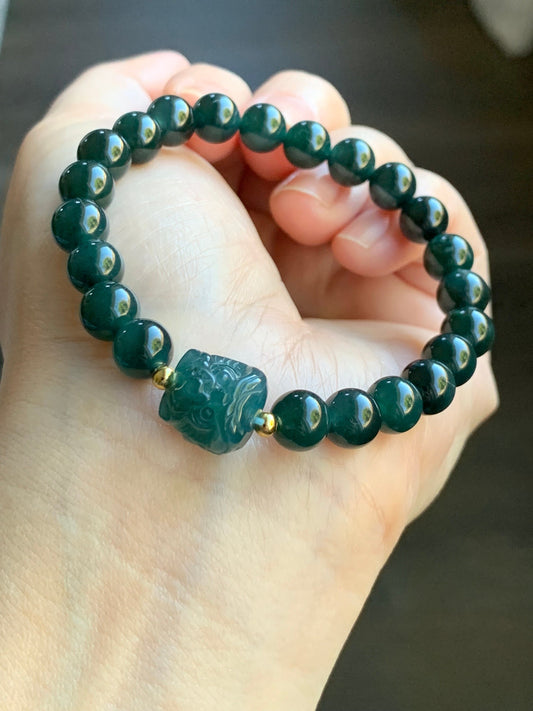 Natural Guatemalan Icy Translucent Gelatinous Dark Teal Green Jadeite Dancing Lion Bead Beaded Bracelet 7” Sterling Silver 天然冰胶危湖水绿翡翠醒狮珠手串
