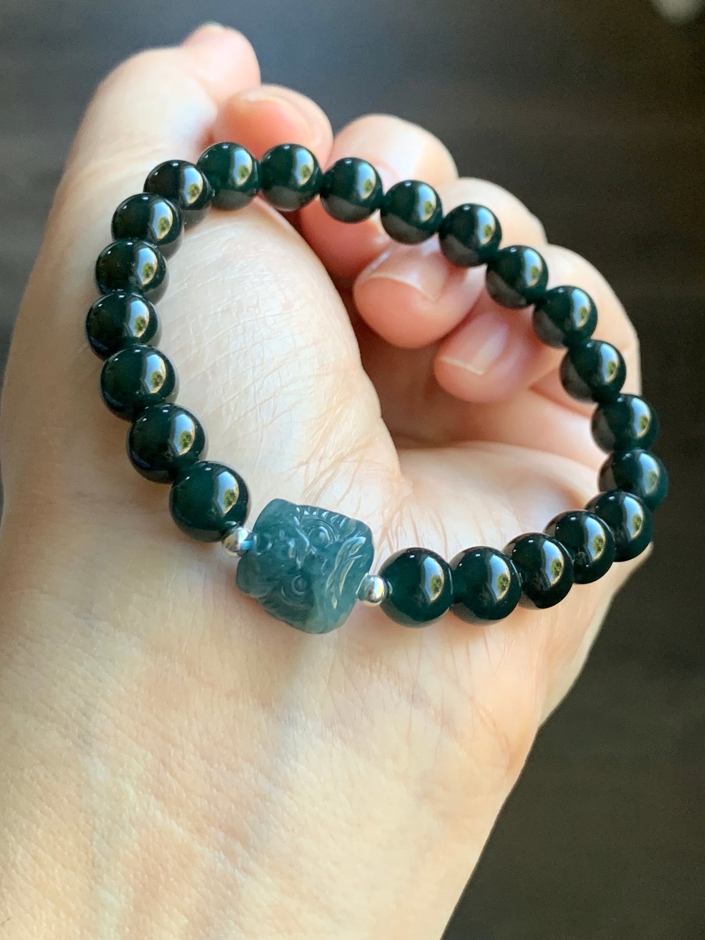 Natural Guatemalan Icy Translucent Gelatinous Dark Teal Green Jadeite Dancing Lion Bead Beaded Bracelet 7” Sterling Silver 天然冰胶危湖水绿翡翠醒狮珠手串