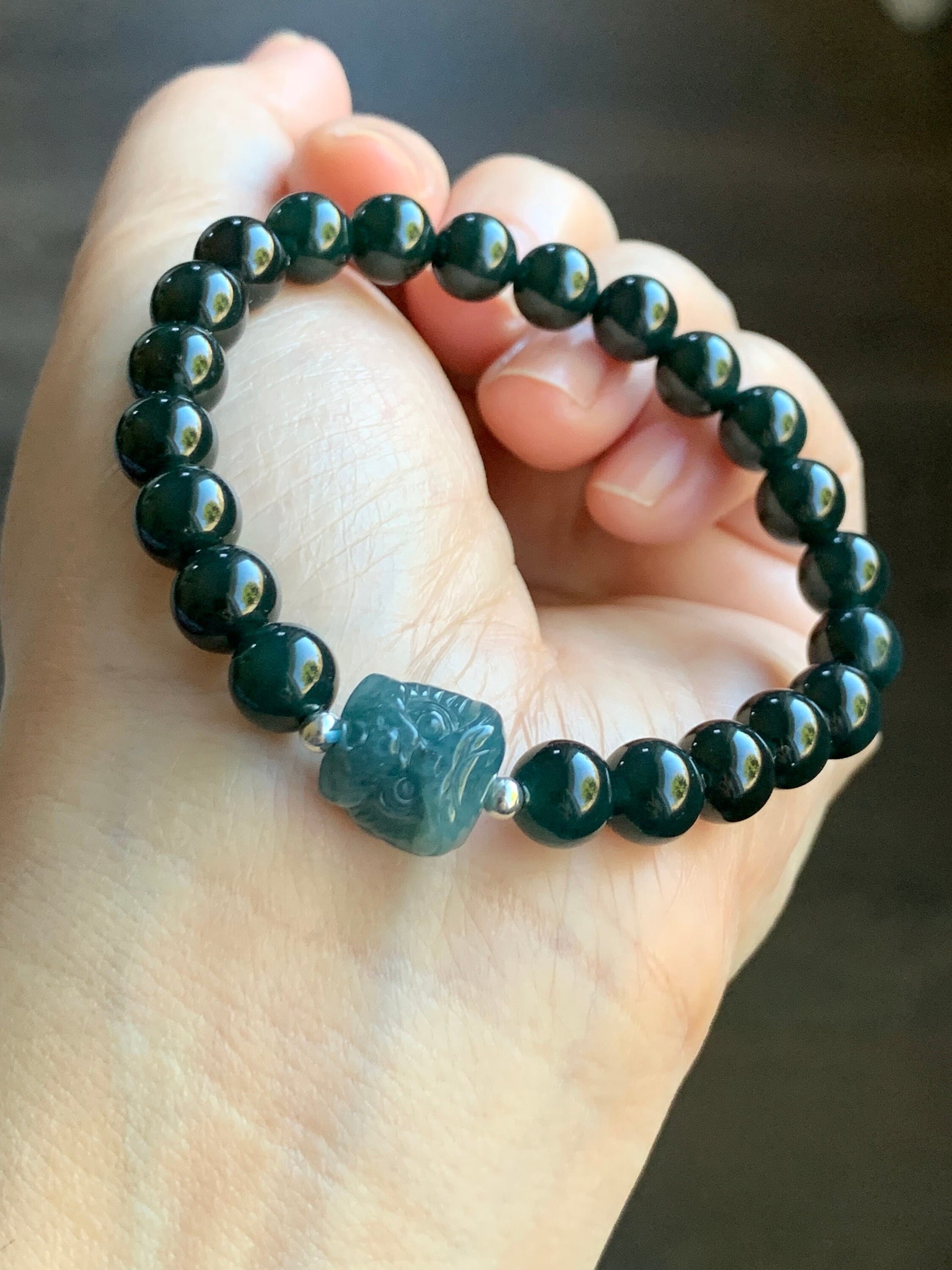 Natural Guatemalan Icy Translucent Gelatinous Dark Teal Green Jadeite Dancing Lion Bead Beaded Bracelet 7” Sterling Silver 天然冰胶危湖水绿翡翠醒狮珠手串