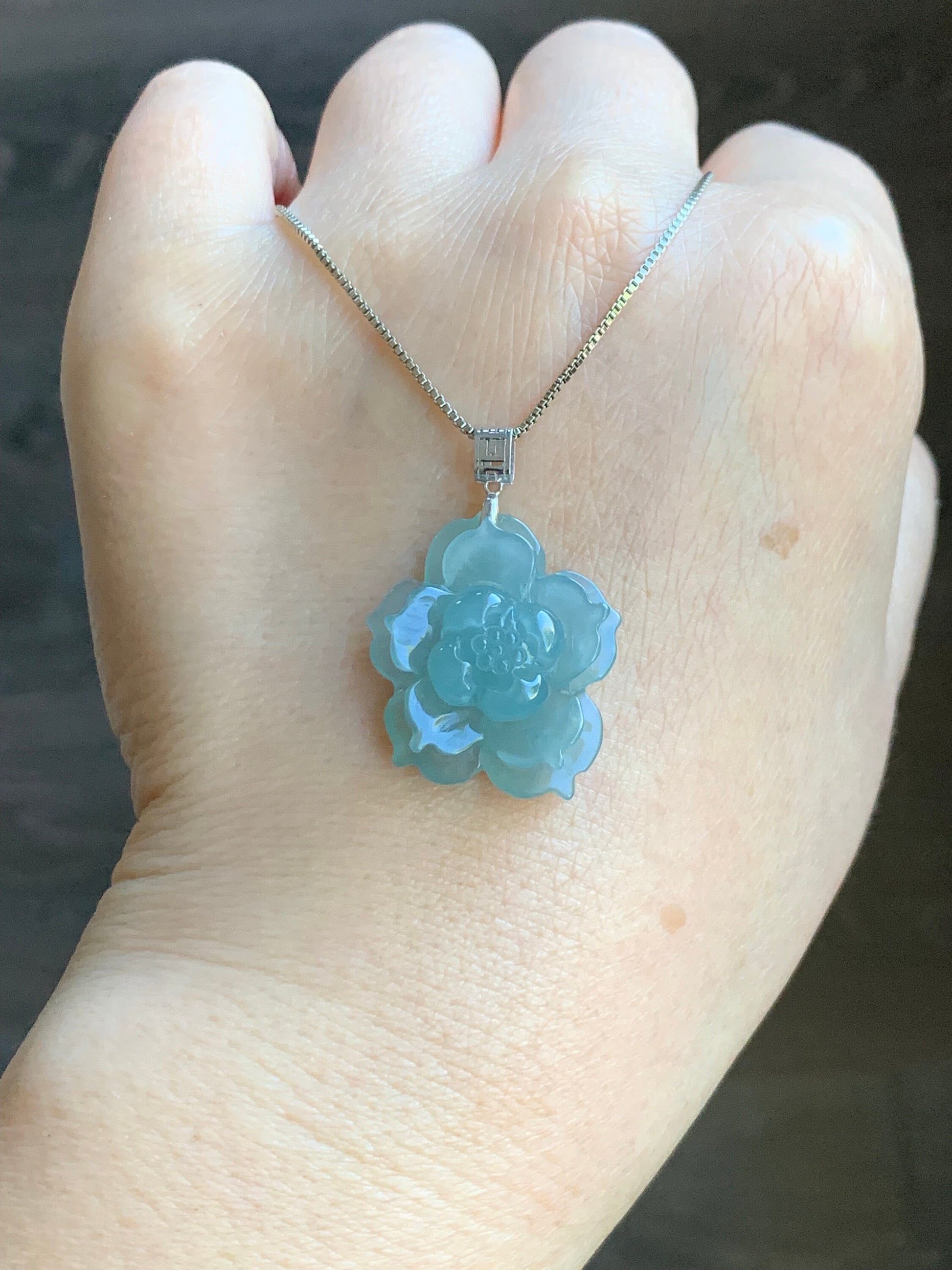 Natural Guatemalan Icy Highly Translucent Icy Light Blue Jadeite Carved 3D Lotus Flower Pendant 18K White Gold Bail 天然冰危淡蓝翡翠精工雕莲花镶嵌吊坠