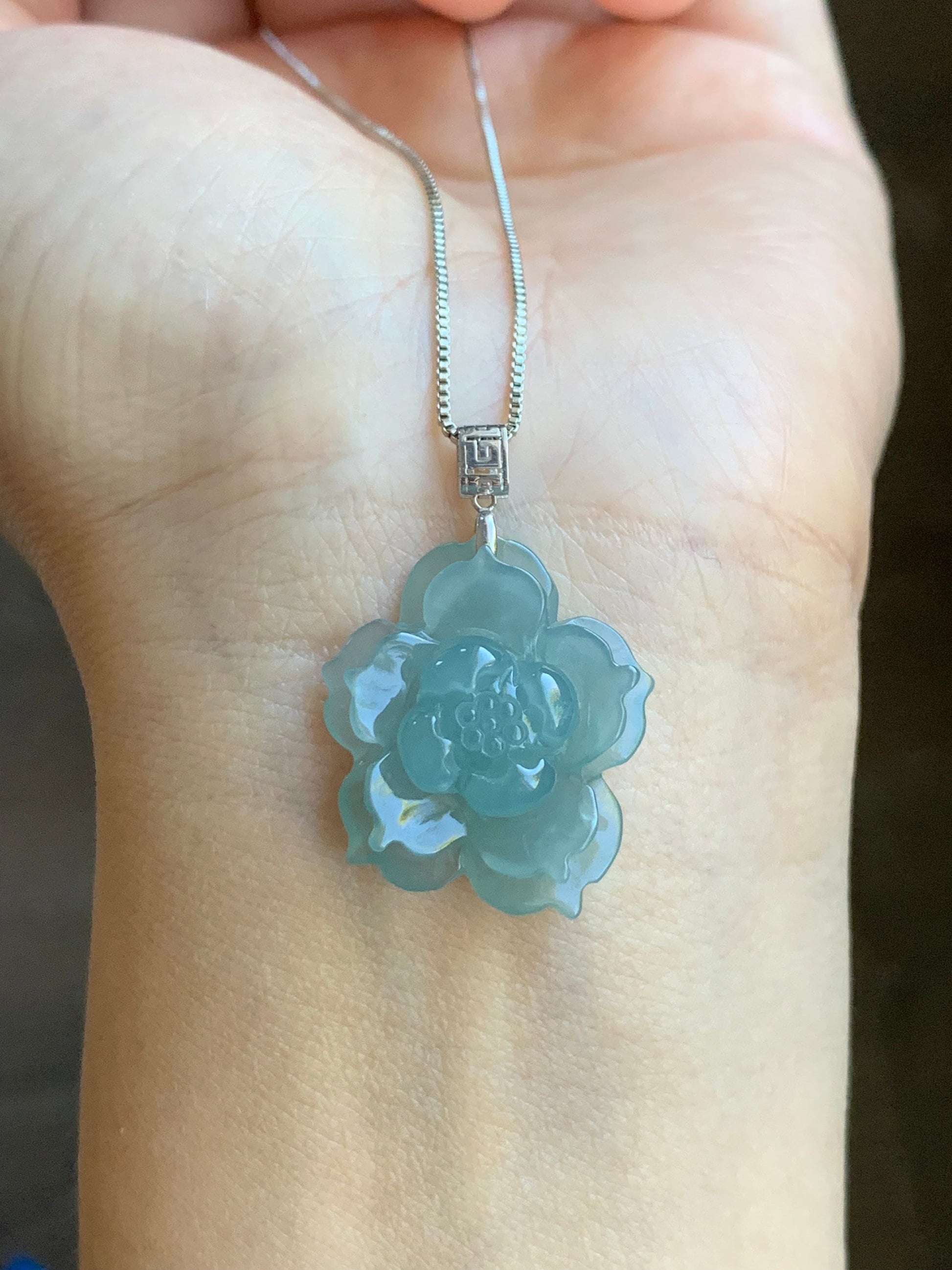 Natural Guatemalan Icy Highly Translucent Icy Light Blue Jadeite Carved 3D Lotus Flower Pendant 18K White Gold Bail 天然冰危淡蓝翡翠精工雕莲花镶嵌吊坠