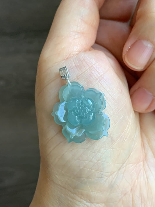 Natural Guatemalan Icy Highly Translucent Icy Light Blue Jadeite Carved 3D Lotus Flower Pendant 18K White Gold Bail 天然冰危淡蓝翡翠精工雕莲花镶嵌吊坠