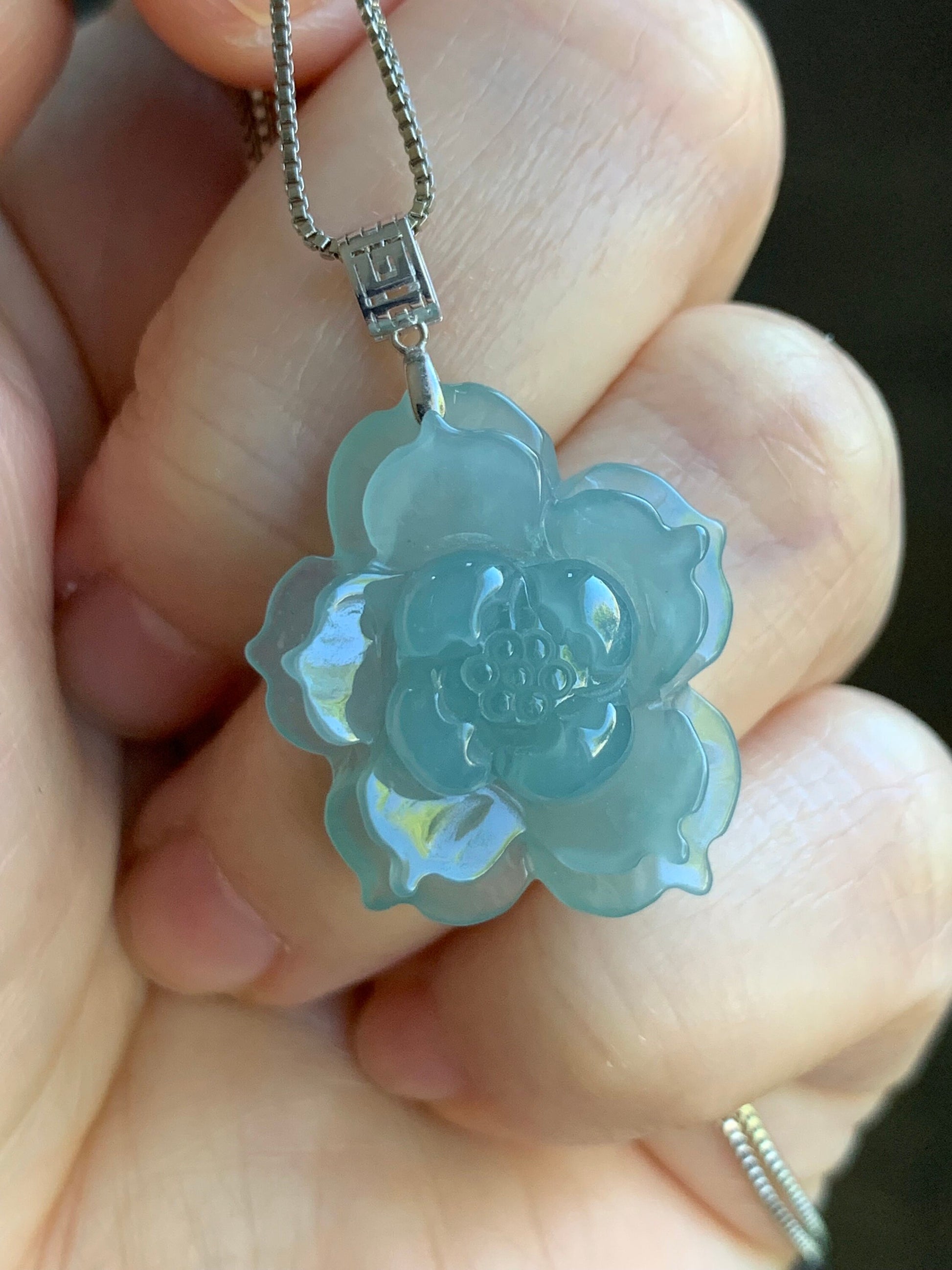 Natural Guatemalan Icy Highly Translucent Icy Light Blue Jadeite Carved 3D Lotus Flower Pendant 18K White Gold Bail 天然冰危淡蓝翡翠精工雕莲花镶嵌吊坠