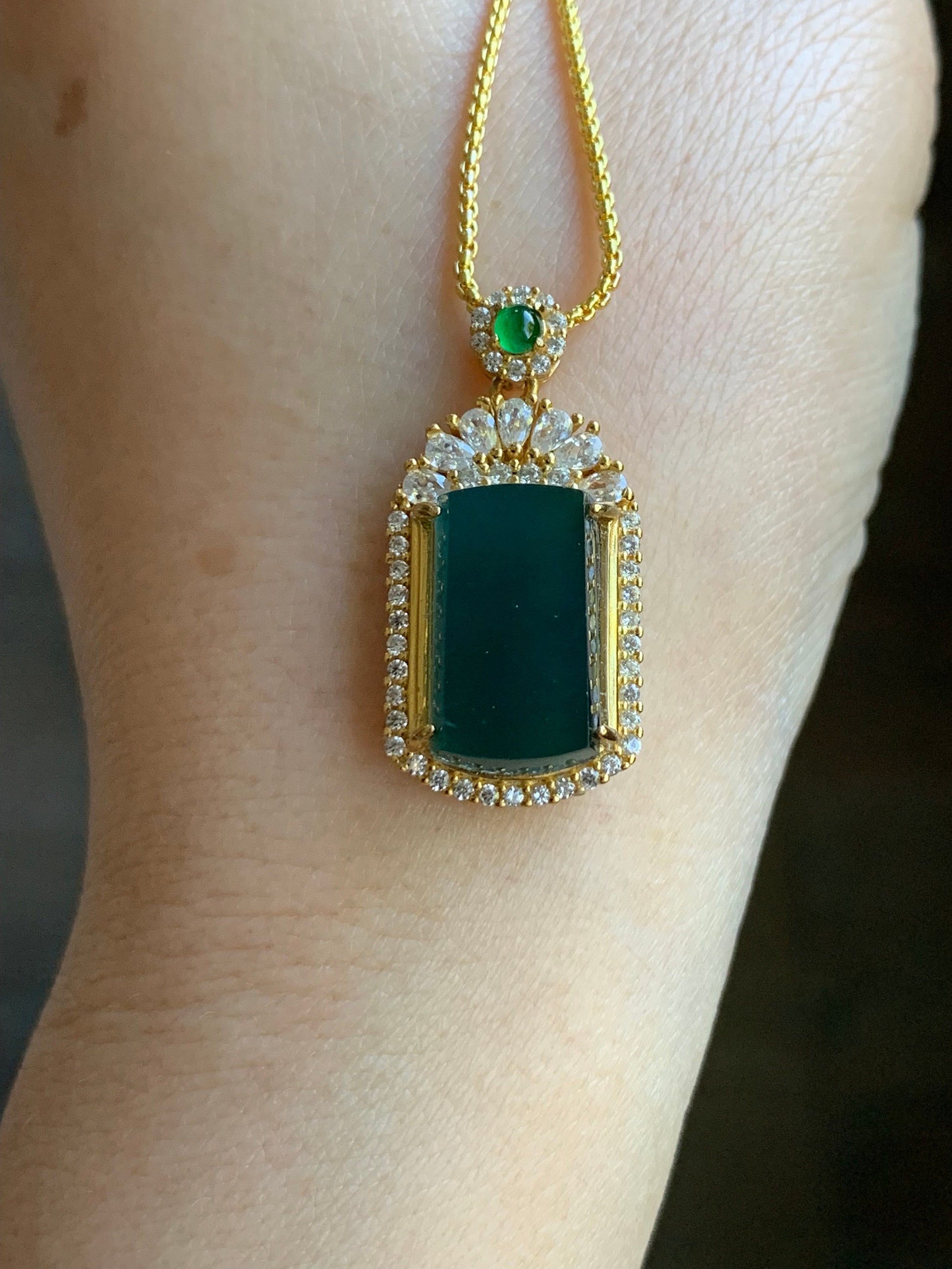 Certified Natural Guatemalan Icy Translucent Dark Teal Blue Jadeite Wu Shi Pai Pendant Sterling Silver Yellow Gold Finish 天然冰危老蓝水翡翠无事牌镶嵌吊坠