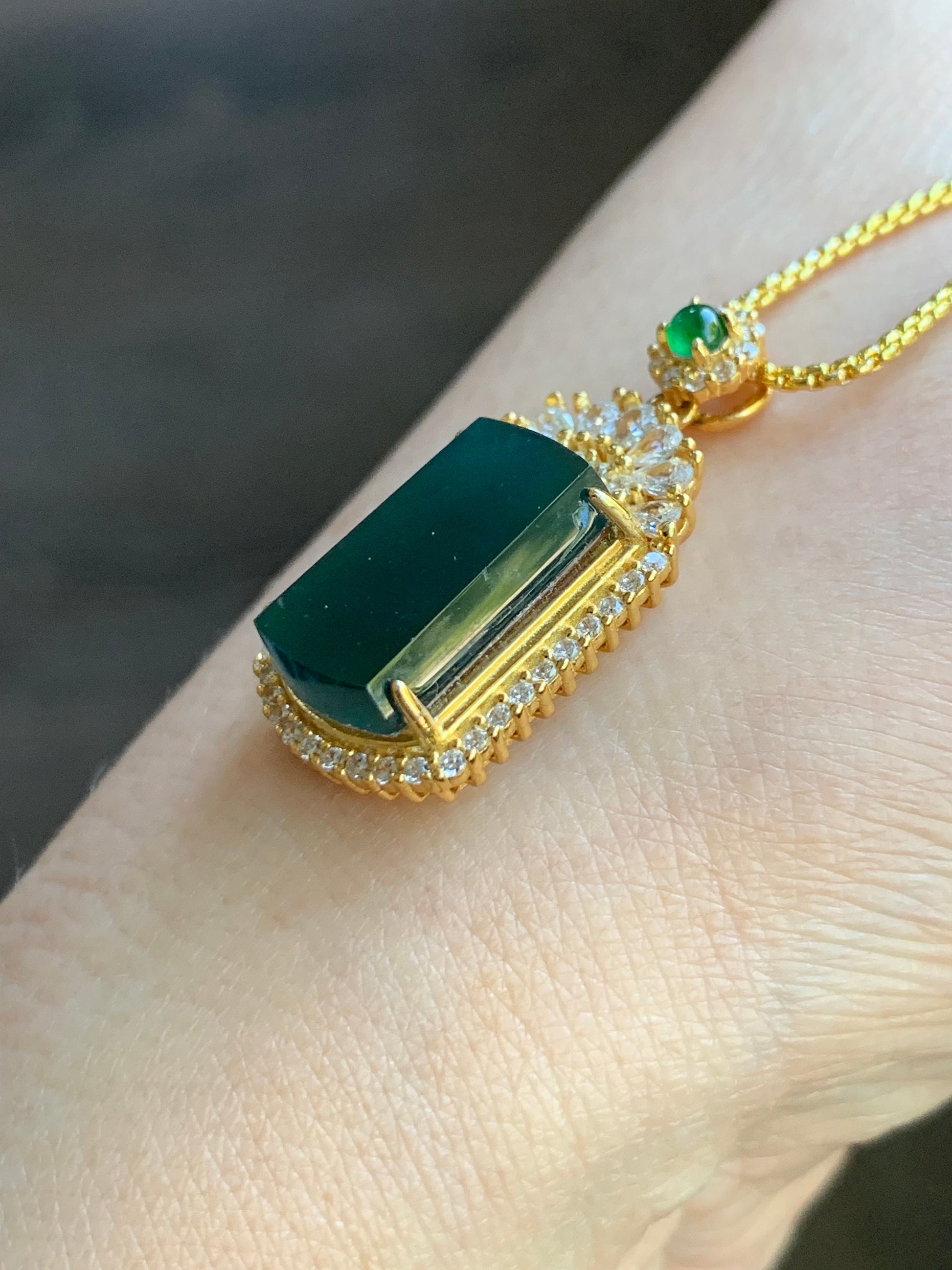 Certified Natural Guatemalan Icy Translucent Dark Teal Blue Jadeite Wu Shi Pai Pendant Sterling Silver Yellow Gold Finish 天然冰危老蓝水翡翠无事牌镶嵌吊坠