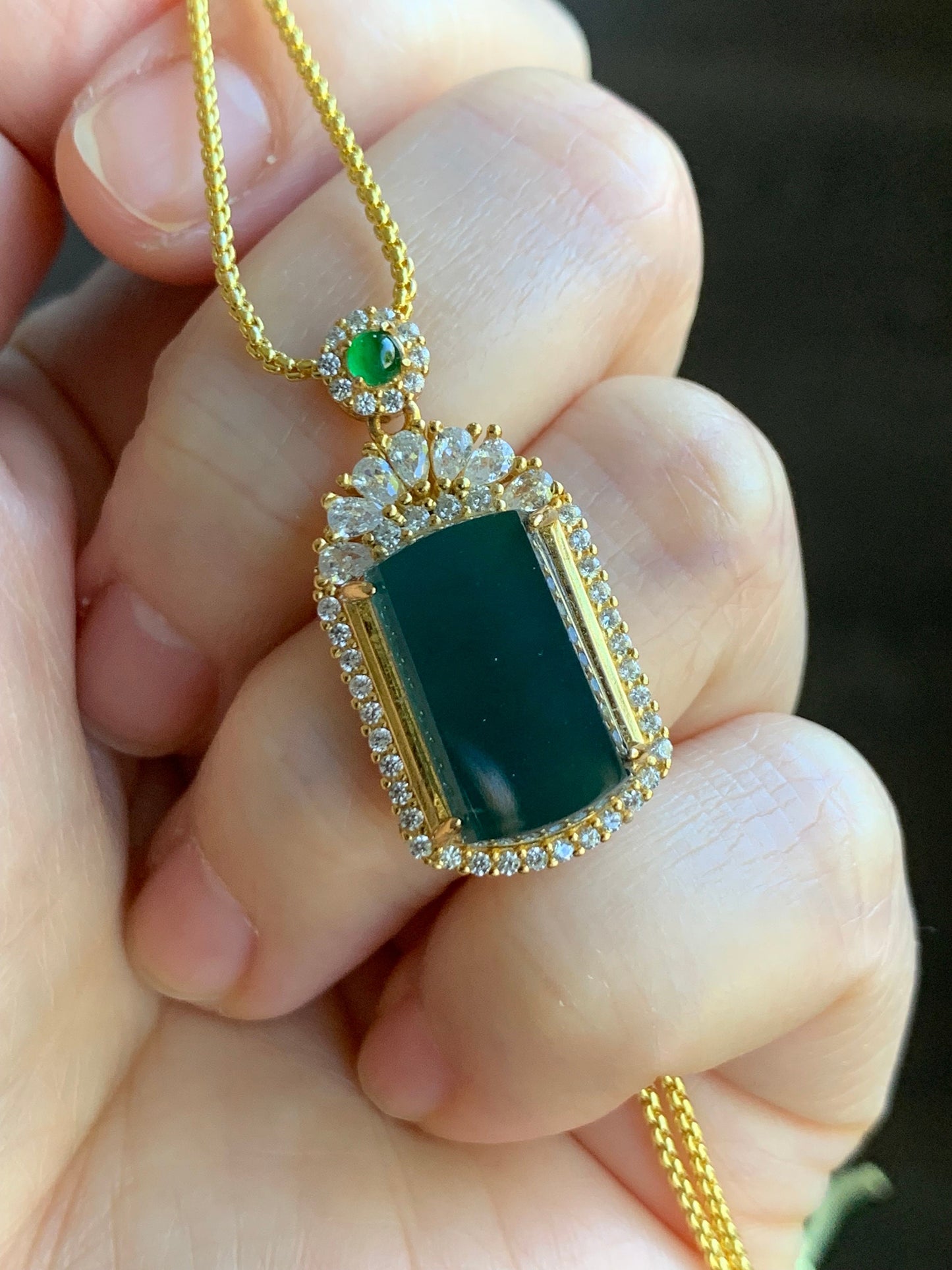 Certified Natural Guatemalan Icy Translucent Dark Teal Blue Jadeite Wu Shi Pai Pendant Sterling Silver Yellow Gold Finish 天然冰危老蓝水翡翠无事牌镶嵌吊坠